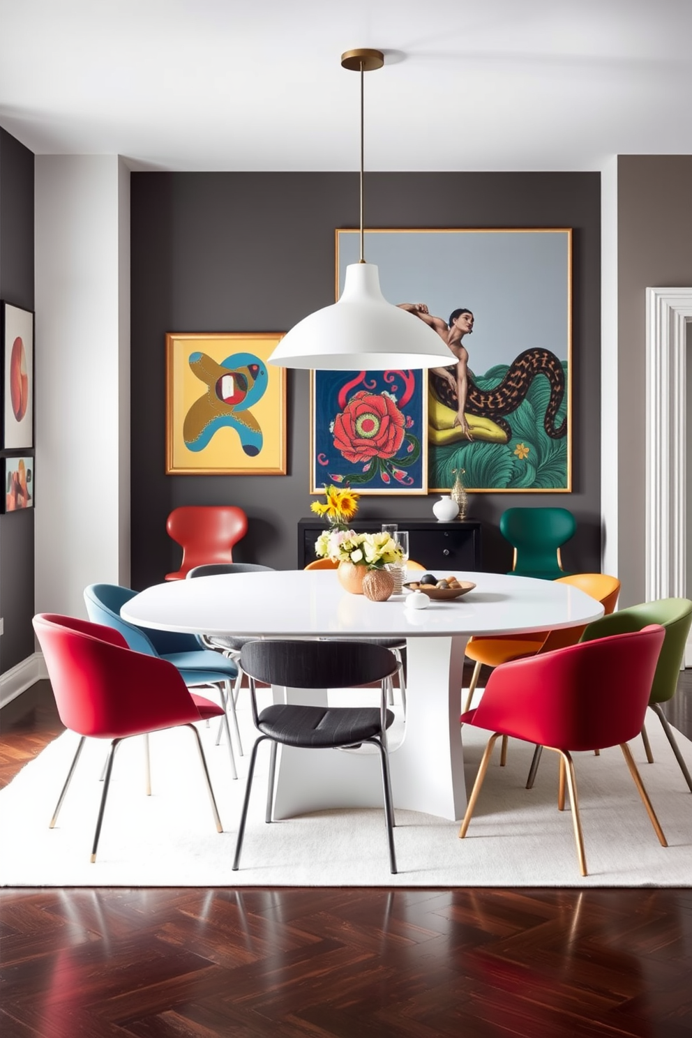 An eclectic mix of chairs in various styles and colors surrounds a sleek white dining table. The walls are adorned with vibrant artwork, and a large pendant light hangs above, casting a warm glow over the space.