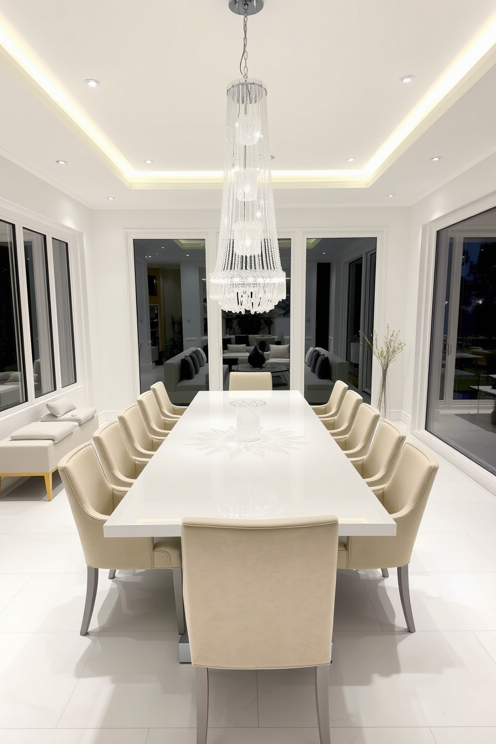 A stunning white dining room featuring a large rectangular table surrounded by upholstered chairs. The centerpiece is a beautiful glass chandelier that adds a touch of elegance to the space. The walls are painted in a soft white, creating a bright and airy atmosphere. Large windows allow natural light to flood the room, enhancing the overall design.