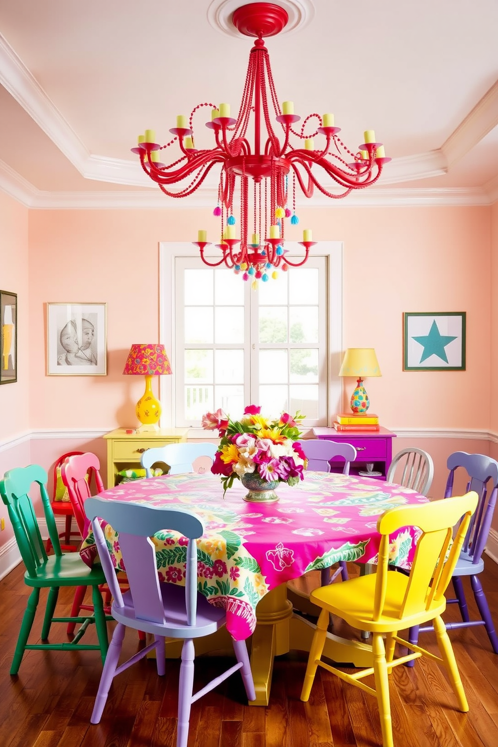 A whimsical dining room filled with playful accents. The walls are painted in a soft pastel color, and the dining table is surrounded by mismatched chairs in bright hues. A large, colorful chandelier hangs from the ceiling, adding a fun focal point to the space. On the table, a vibrant tablecloth is adorned with quirky patterns, and a centerpiece of whimsical flowers adds a touch of charm.