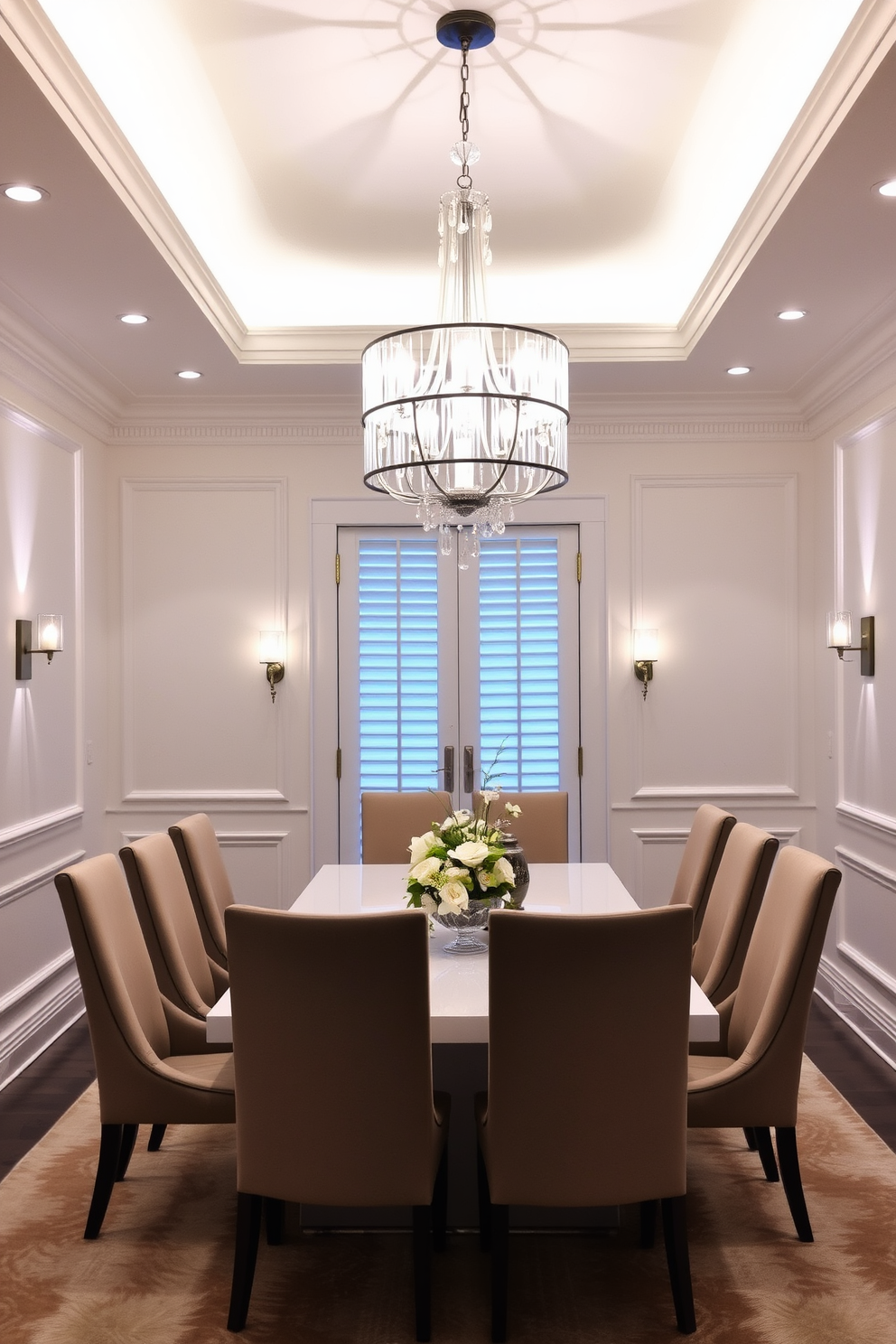 Layered lighting enhances the ambiance of a white dining room, featuring a combination of pendant lights, wall sconces, and recessed lighting. A large, elegant chandelier hangs above the dining table, casting a warm glow, while dimmable wall fixtures provide additional lighting options for various occasions. The dining room is adorned with a sleek white table surrounded by upholstered chairs, creating a sophisticated yet inviting atmosphere. Soft textures and subtle decor elements, such as a centerpiece of fresh flowers and decorative tableware, add warmth and personality to the space.