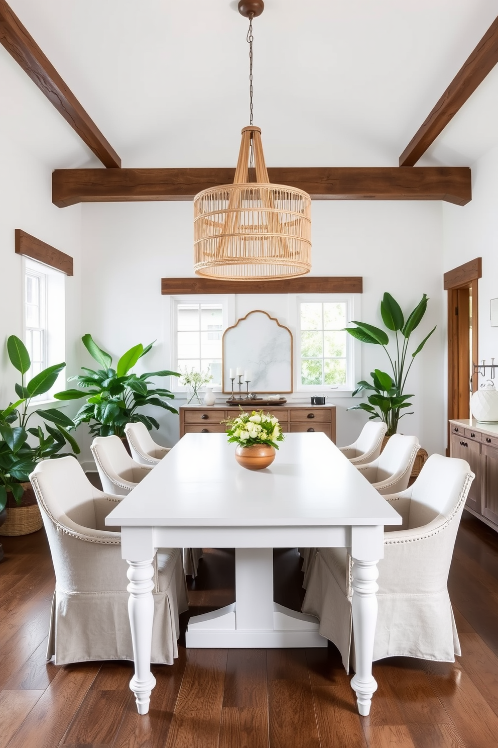 A bright and airy dining room featuring a large white wooden table surrounded by elegant upholstered chairs. Lush green plants are placed in the corners, adding a touch of nature to the space, while wooden accents in the form of beams and a sideboard enhance the organic feel. The walls are painted in a soft white hue, creating a serene backdrop for the room. A statement chandelier made of natural materials hangs above the table, providing warmth and a focal point for the design.