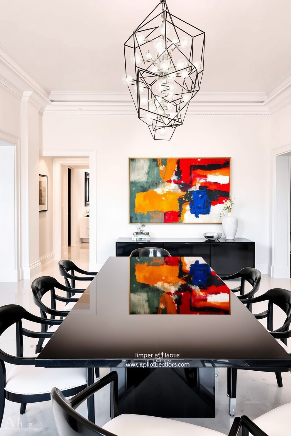 A stunning white dining room featuring a large rectangular table with a glossy black finish. Surrounding the table are elegant black chairs with white cushions, creating a striking contrast against the light walls. The room is adorned with bold decor elements, including a vibrant abstract painting that hangs above a sideboard. A modern chandelier with geometric shapes adds an artistic touch, illuminating the space beautifully.