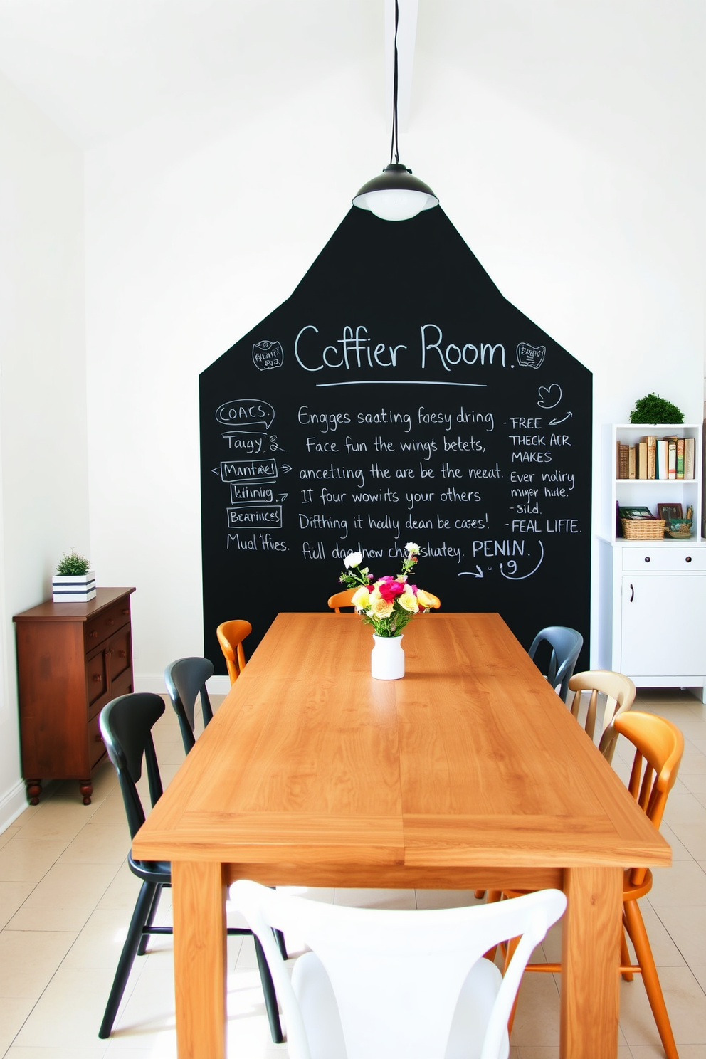 A casual dining room featuring a chalkboard wall that invites creativity and interaction. The white walls create a bright and airy atmosphere, complemented by a large wooden dining table surrounded by mismatched chairs.