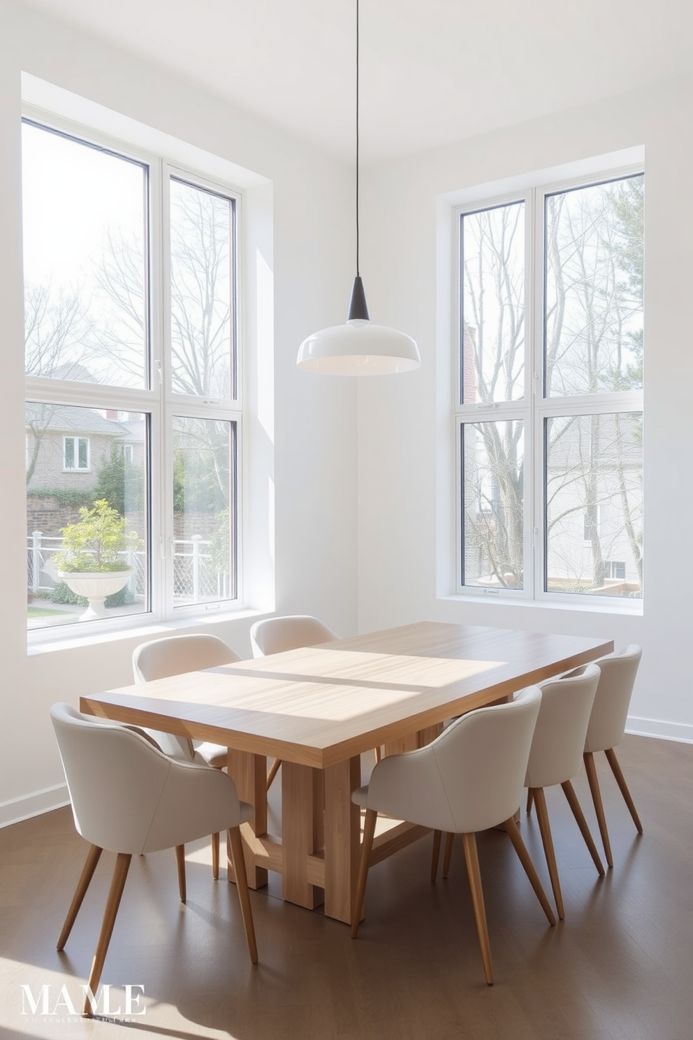 A minimalist dining room featuring sleek lines and a light color palette. The space includes a simple rectangular dining table made of light wood surrounded by modern, upholstered chairs in a soft neutral tone. Large windows allow natural light to flood the room, enhancing the airy atmosphere. The walls are painted in a crisp white, and a single statement pendant light hangs above the table, adding a touch of elegance.