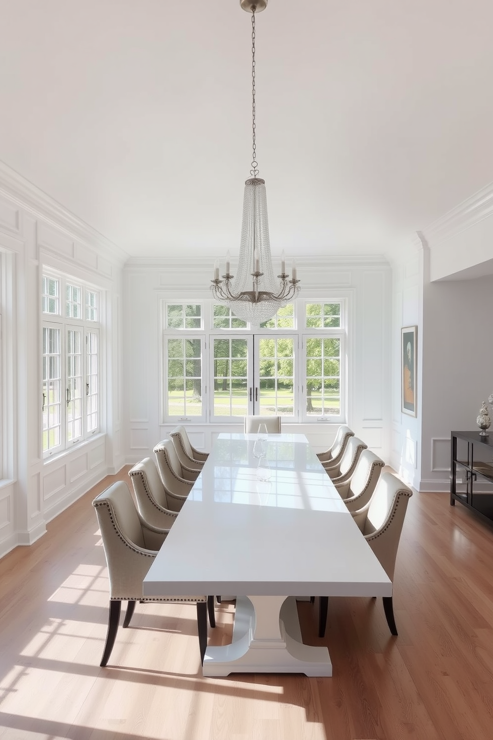 Bright airy space with large windows. The dining room features a long white table surrounded by elegant upholstered chairs. Natural light floods the room, accentuating the soft white walls and light wood flooring. A statement chandelier hangs above the table, adding a touch of sophistication to the space.