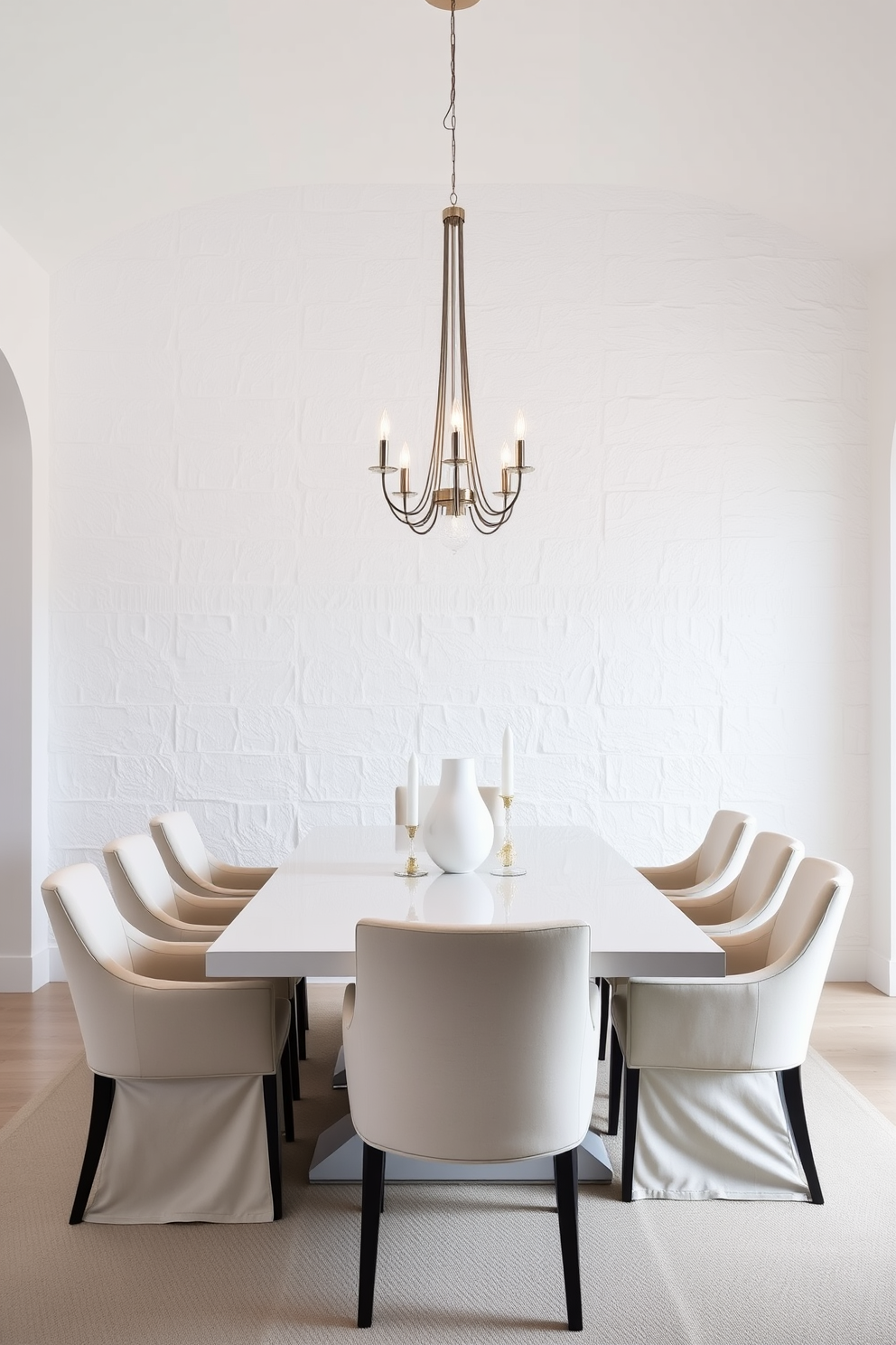 Textured white walls create a serene backdrop for the dining area. A large, elegant white table is surrounded by plush upholstered chairs, enhancing the inviting atmosphere. Soft lighting fixtures hang gracefully above the table, casting a warm glow across the space. A statement centerpiece, such as a floral arrangement or a sculptural piece, adds a touch of sophistication to the setting.