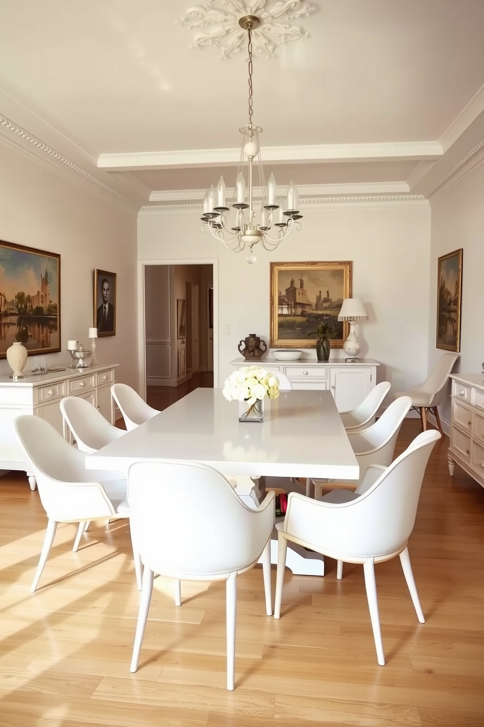 A bright dining room featuring vintage white furniture paired with modern accents. The centerpiece is a large white dining table surrounded by sleek, contemporary chairs in a contrasting color. The walls are adorned with elegant artwork that complements the vintage aesthetic. A stylish chandelier hangs above the table, adding a touch of sophistication to the space.