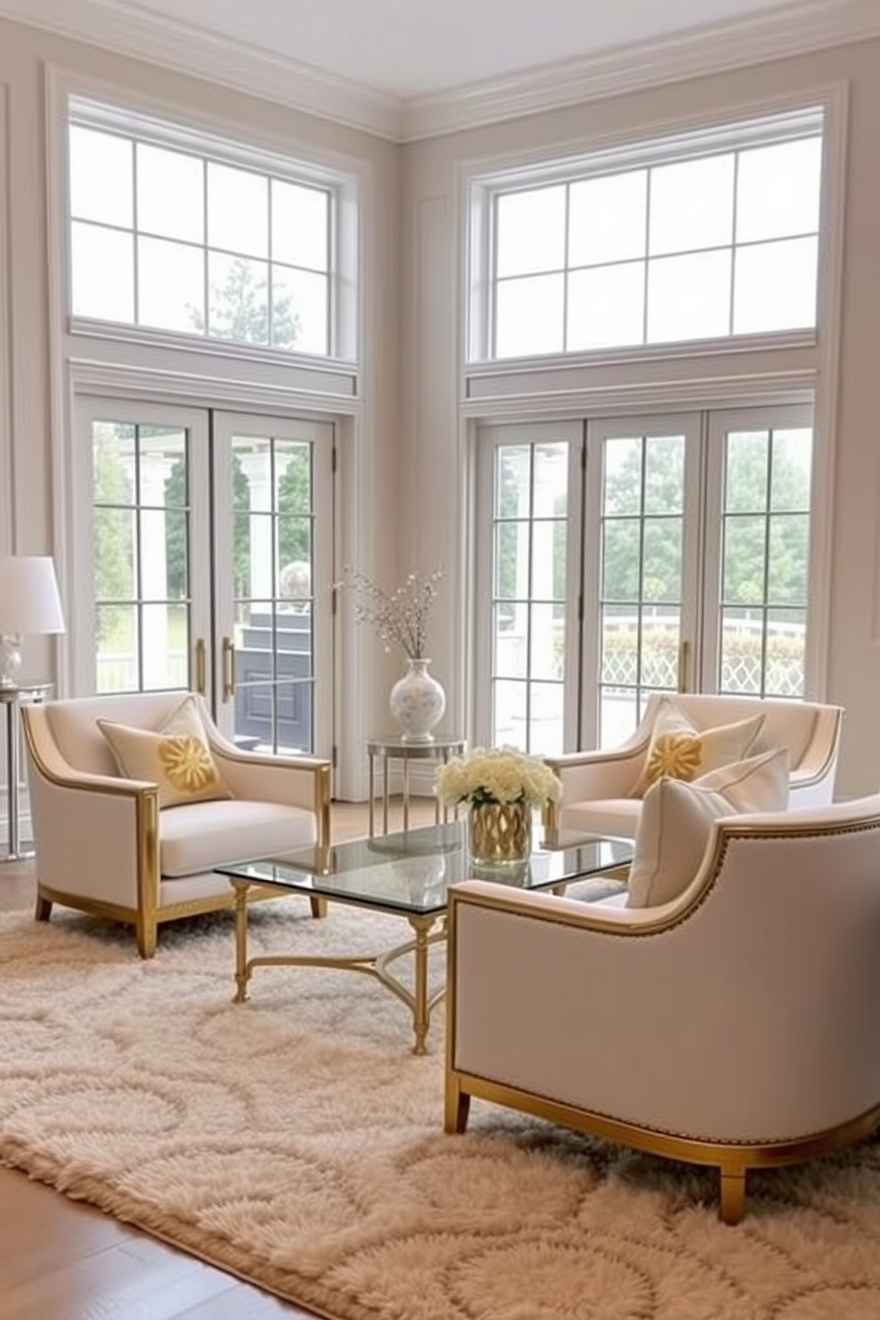 Chic white armchairs with gold accents are elegantly positioned around a sleek glass coffee table. The room features soft neutral tones on the walls, complemented by a plush area rug that adds warmth to the space. Large windows allow natural light to flood the family room, highlighting the luxurious textures and finishes. Decorative cushions in varying shades of cream and gold are scattered across the armchairs, enhancing the inviting atmosphere.