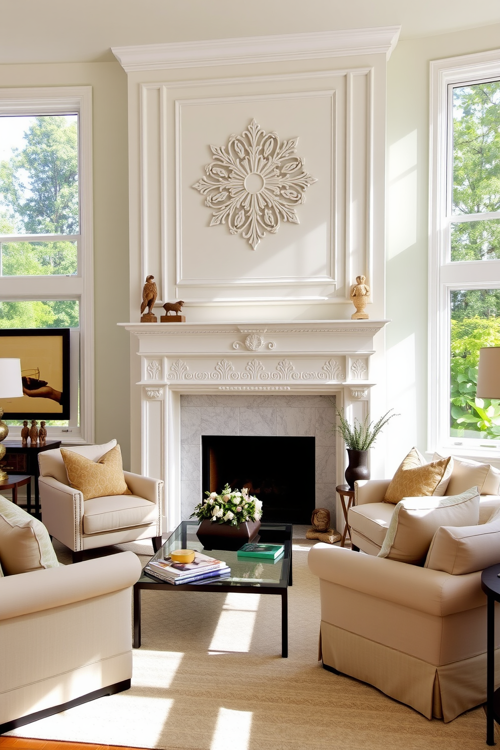 A bright and inviting family room features a stunning white fireplace with an intricately carved decorative mantel that serves as a focal point. Plush seating in soft neutral tones surrounds the fireplace, creating a cozy atmosphere perfect for gatherings. The room is adorned with tasteful artwork and decorative accents that complement the white fireplace. Large windows allow natural light to flood in, enhancing the airy feel of the space while providing a view of the lush outdoor landscape.