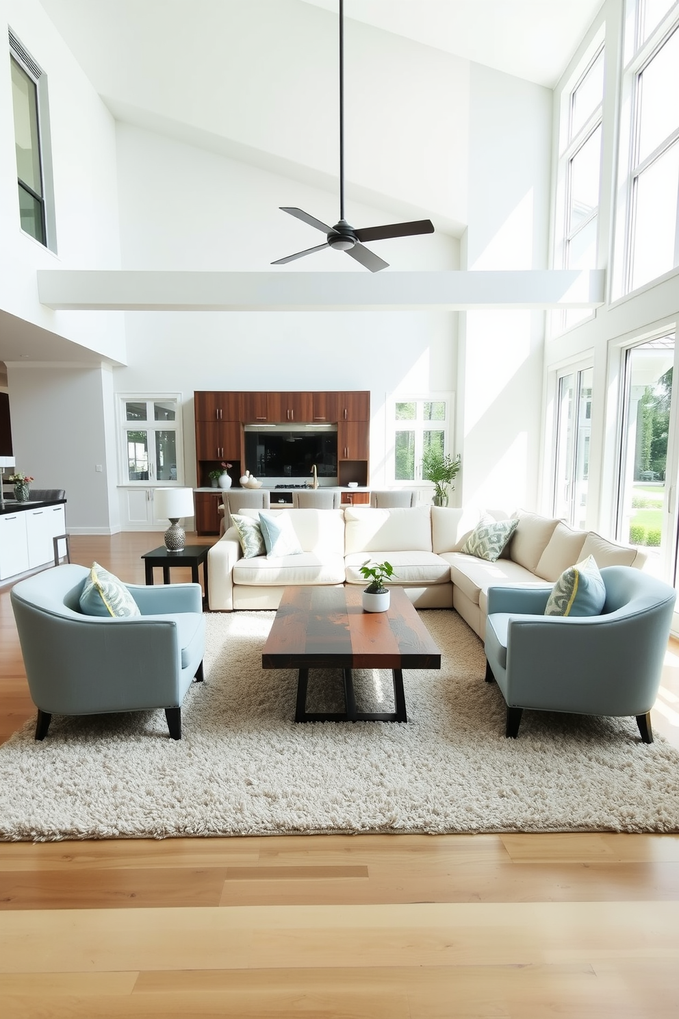 Open layout with airy white space. The family room features a large sectional sofa in soft beige, complemented by a pair of light blue accent chairs. Natural light floods the room through expansive windows, creating a bright and inviting atmosphere. A sleek coffee table made of reclaimed wood sits atop a plush area rug in neutral tones.