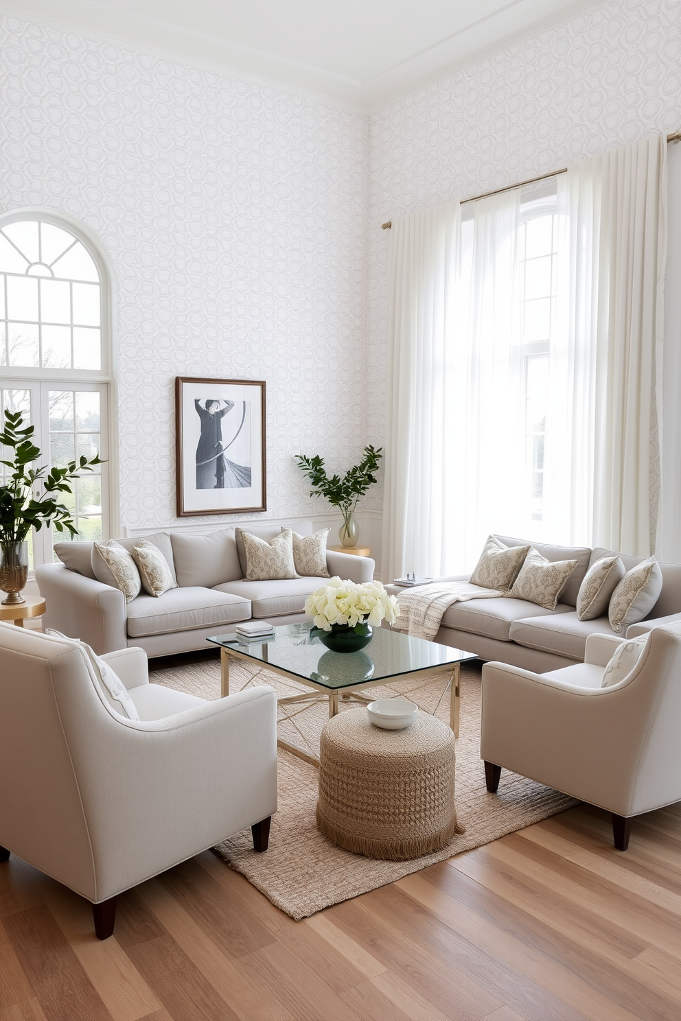 A spacious family room featuring textured white wallpaper that adds subtle depth to the space. The room includes a large, plush sectional sofa in soft gray, complemented by a pair of elegant armchairs in a coordinating fabric. Natural light floods the room through oversized windows, adorned with sheer white curtains that enhance the airy feel. A modern coffee table sits in the center, surrounded by decorative pillows and a cozy throw blanket for added comfort.