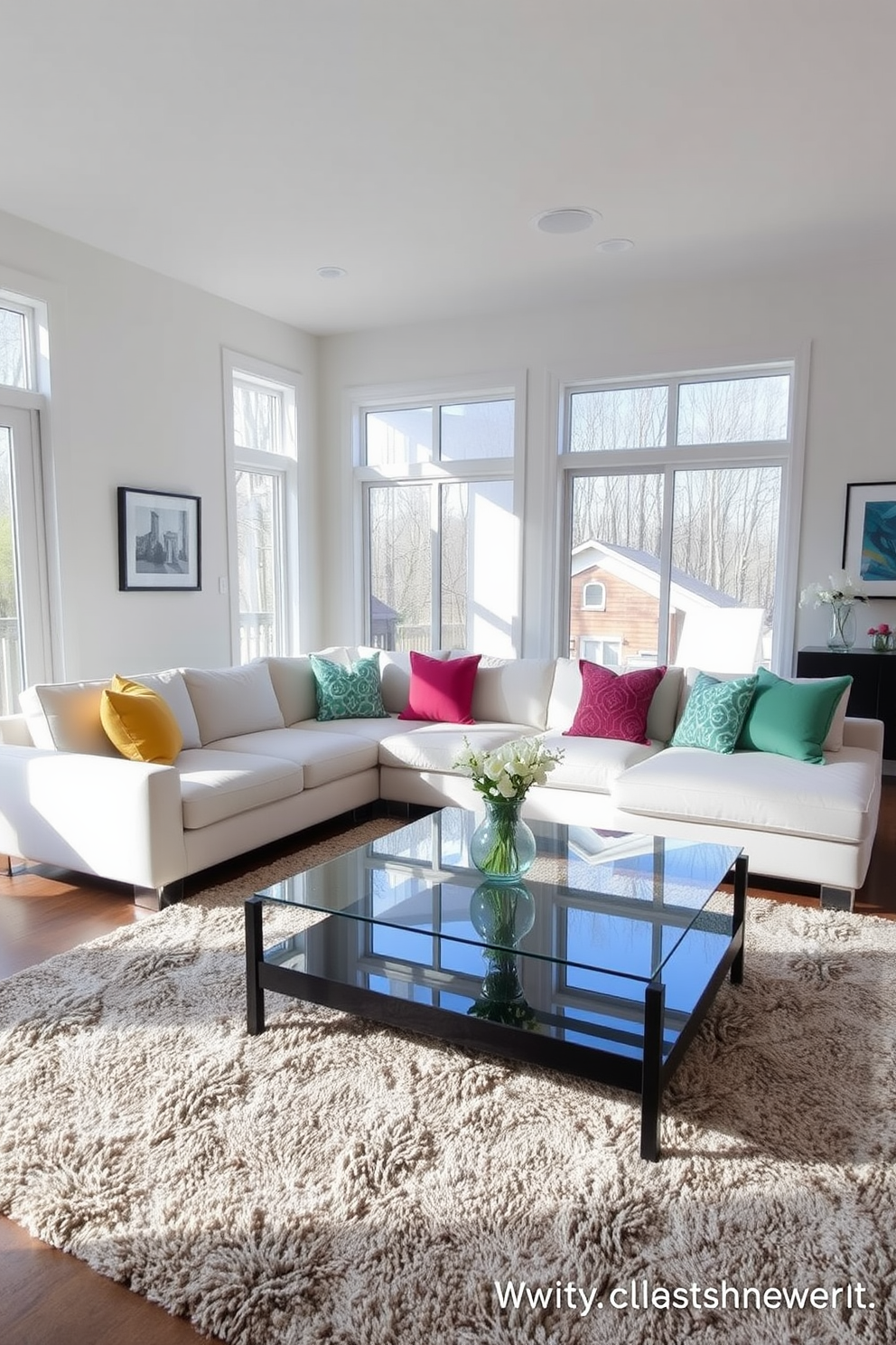 A stylish family room featuring a glass coffee table as the centerpiece. The room is designed with a neutral color palette, accented by vibrant throw pillows on a plush sectional sofa. Natural light pours in through large windows, highlighting the sleek lines of contemporary furniture. A cozy area rug anchors the space, while a few carefully curated art pieces adorn the walls.