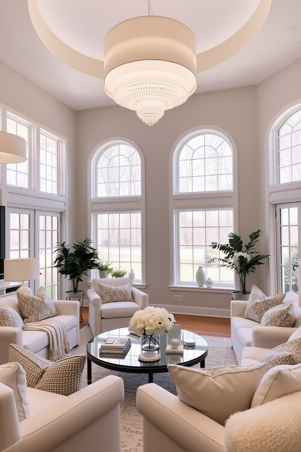 A bright and airy family room features a statement lighting fixture in white that hangs elegantly from the ceiling. The room is designed with soft, neutral tones and plush furnishings that create a welcoming atmosphere. Large windows allow natural light to flood the space, enhancing the white accents throughout the room. Cozy seating arrangements invite relaxation, while decorative elements add a touch of personality to the overall design.