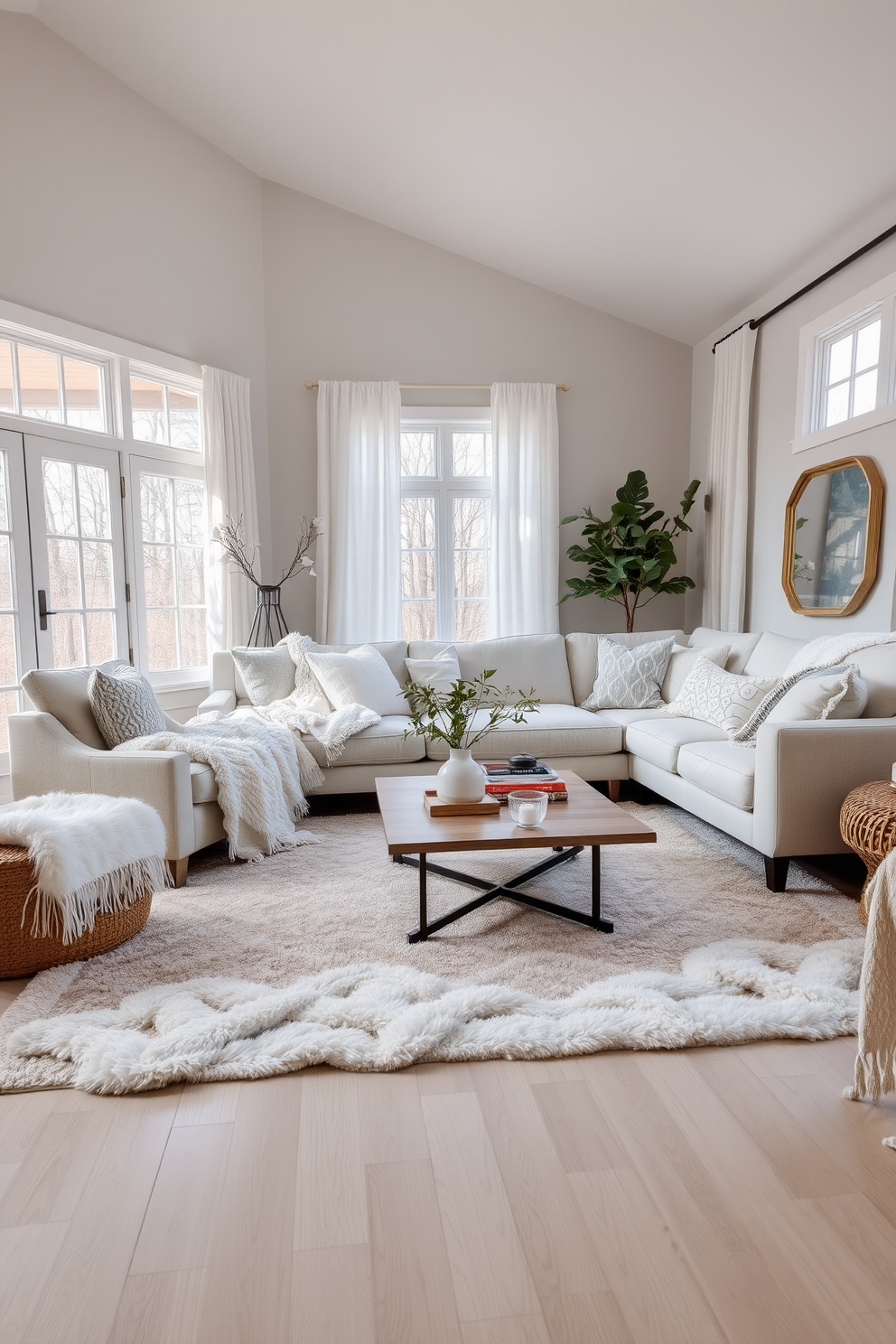 A cozy family room featuring layered textures with soft white throws and plush rugs. The space is adorned with a large sectional sofa, accented by various cushions in neutral tones, creating an inviting atmosphere. Natural light floods in through oversized windows, illuminating the light wood flooring. A stylish coffee table sits at the center, surrounded by a mix of modern and vintage decor elements.