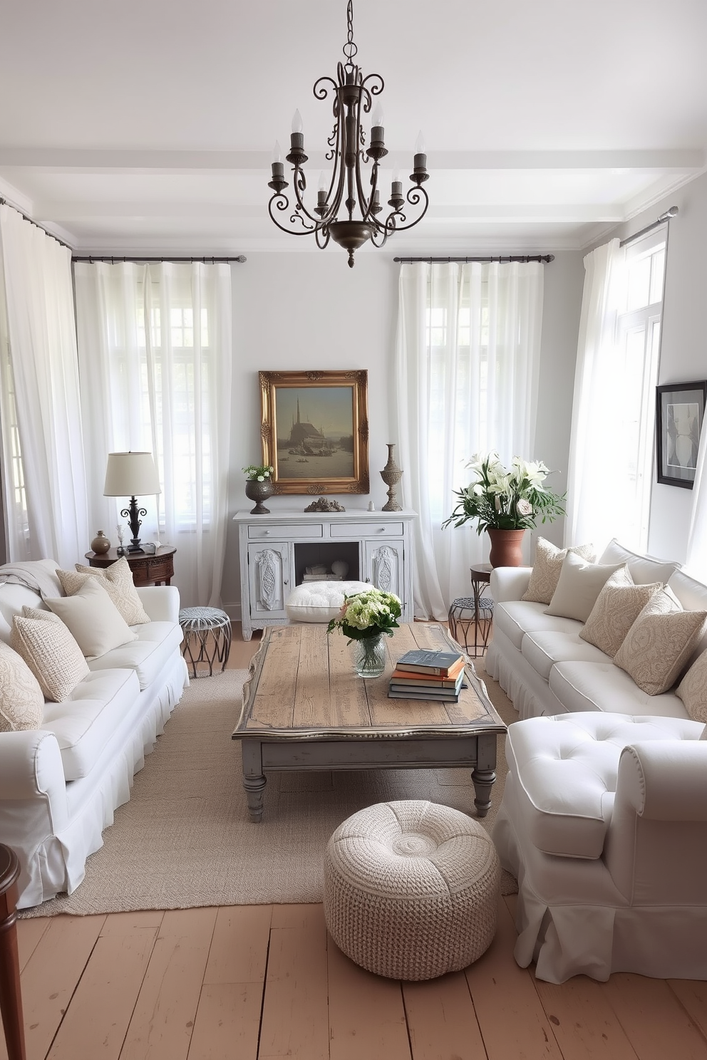 A vintage white family room filled with character. The space features a large white sectional sofa adorned with textured throw pillows and a distressed wooden coffee table at the center. Soft natural light filters through sheer white curtains, illuminating the room's elegant decor. Antique accents such as a vintage chandelier and framed artwork add charm to the inviting atmosphere.