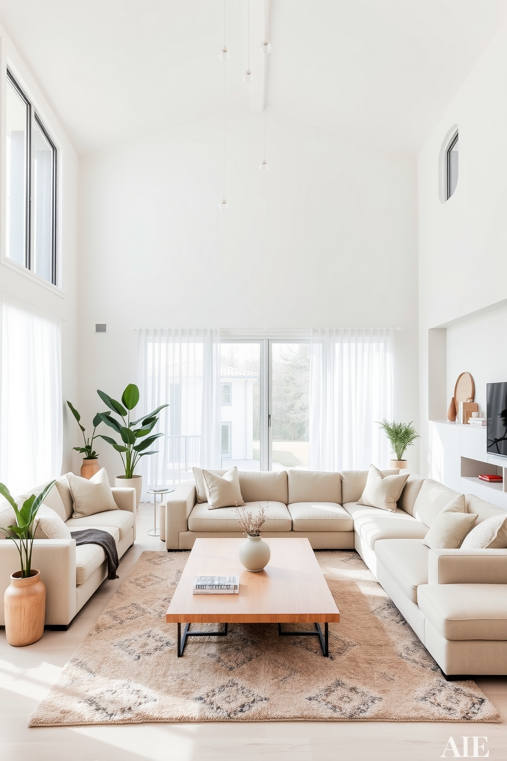 A spacious family room with white walls and a high ceiling. The room features a large sectional sofa in a soft beige fabric, accented with neutral throw pillows in various textures. A sleek coffee table made of light wood sits in the center, complemented by a plush area rug in muted tones. Large windows allow natural light to flood the space, with sheer white curtains adding a touch of elegance. A minimalist entertainment unit is positioned against one wall, showcasing decorative items and books. Potted plants in neutral pots are placed strategically around the room to add warmth and life.