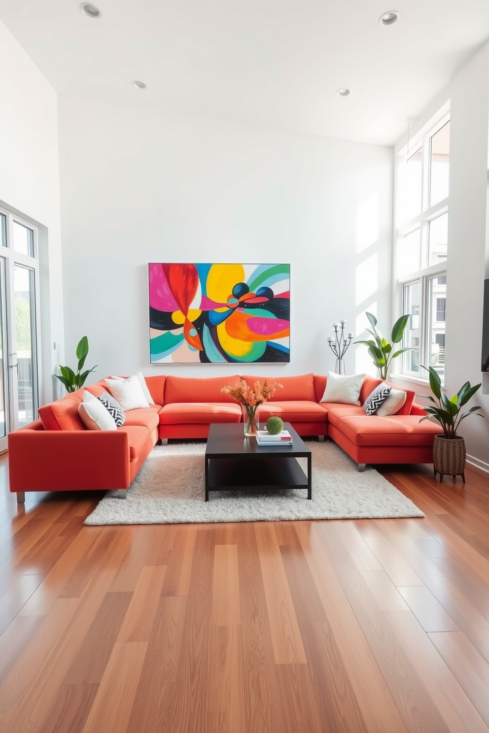 A bright family room featuring a white accent wall adorned with bold, colorful artwork that draws attention. The space is filled with a plush sectional sofa in a vibrant hue, complemented by oversized cushions and a stylish coffee table at the center. Natural light floods the room through large windows, highlighting the sleek wooden flooring. A cozy area rug anchors the seating arrangement, while decorative plants add a touch of greenery to the modern aesthetic.