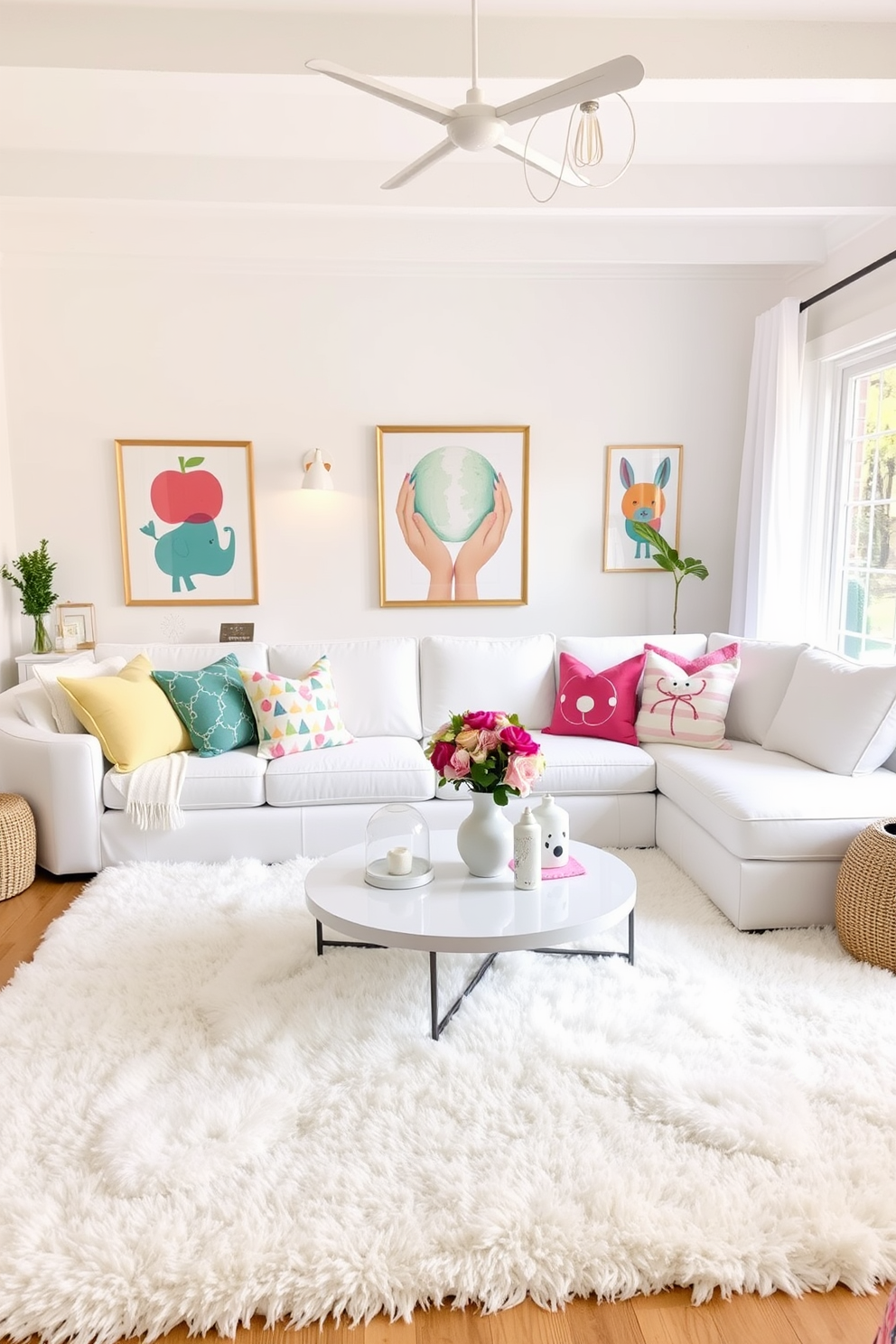 A whimsical family room filled with white decor creates a playful and inviting atmosphere. The space features a large white sectional sofa adorned with colorful throw pillows and a fluffy white area rug underfoot. Bright and airy, the room is accented with playful artwork and whimsical light fixtures that add character. A round coffee table in the center is topped with fun decorative objects and fresh flowers, enhancing the cheerful vibe.