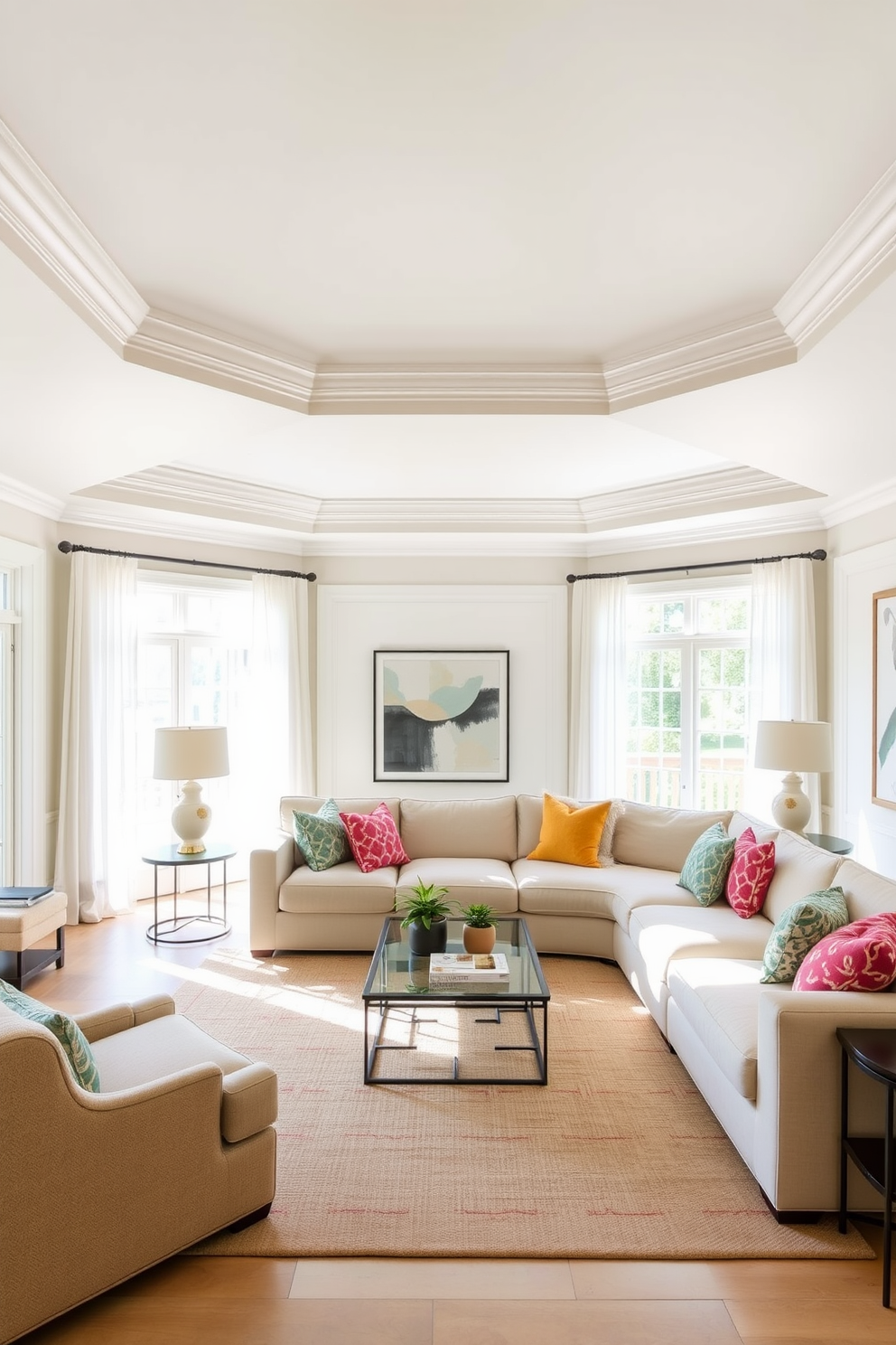 Crisp white ceiling with crown molding above creates an airy and open atmosphere. The family room features a plush sectional sofa in soft beige, complemented by colorful accent pillows and a stylish coffee table at the center. Large windows allow natural light to flood the space, adorned with sheer white curtains that gently frame the view. A cozy area rug in muted tones anchors the seating area, while a contemporary art piece adds a touch of sophistication to the walls.