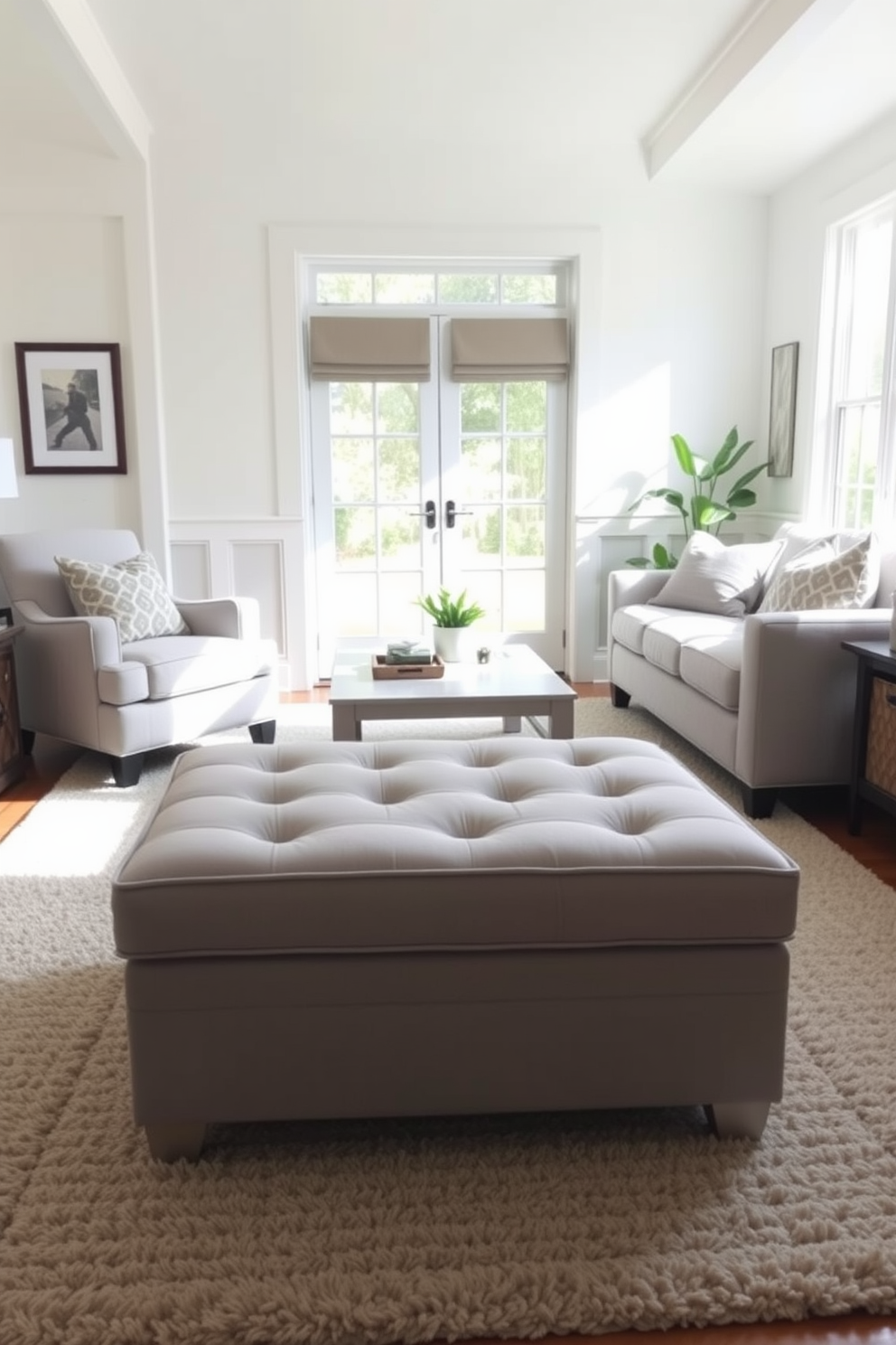 A functional ottoman with hidden storage is placed in the center of a bright and airy family room. The room features soft white walls and large windows that allow natural light to flood in, creating a welcoming atmosphere. Surrounding the ottoman are a cozy sectional sofa and a pair of accent chairs in light gray fabric. A plush area rug anchors the seating area, while decorative pillows add a pop of color and texture to the space.