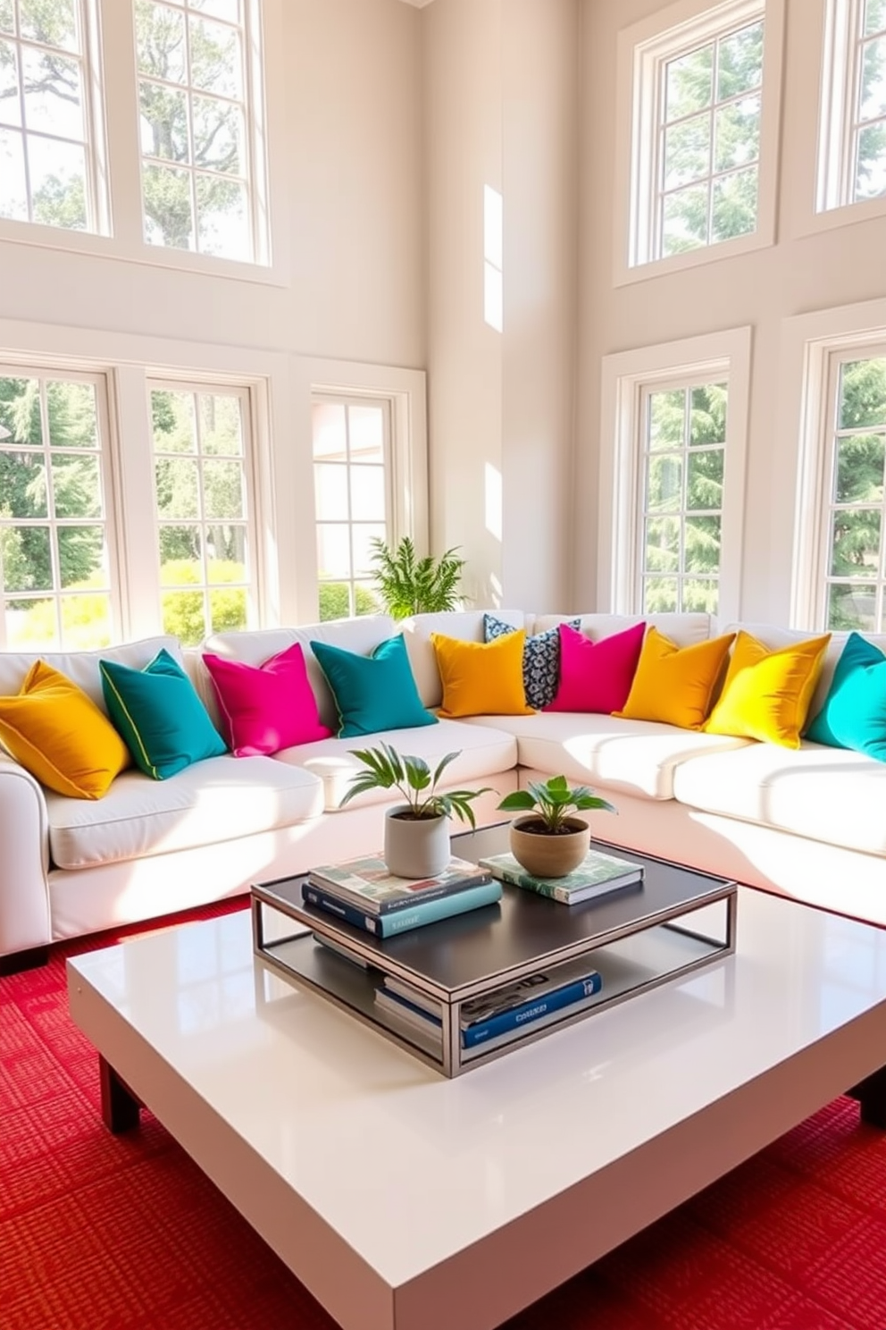 Bright cushions in vibrant hues are scattered across a plush white sectional sofa, creating a lively focal point in the family room. Sunlight streams through large windows, illuminating the space and enhancing the cheerful atmosphere. The walls are painted in a soft, neutral tone, providing a perfect backdrop for the colorful accents. A stylish coffee table sits at the center, adorned with a few decorative books and a fresh plant for added warmth.