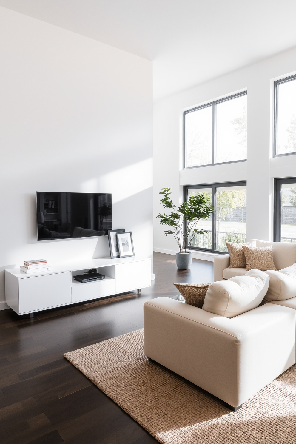 A sleek white media console sits against a soft gray wall, providing a tidy and modern look. The console is adorned with decorative books and a few stylish picture frames, enhancing the minimalist aesthetic. In the family room, a plush sectional sofa in light beige invites relaxation, complemented by a textured area rug in neutral tones. Large windows allow natural light to flood the space, creating a warm and inviting atmosphere.