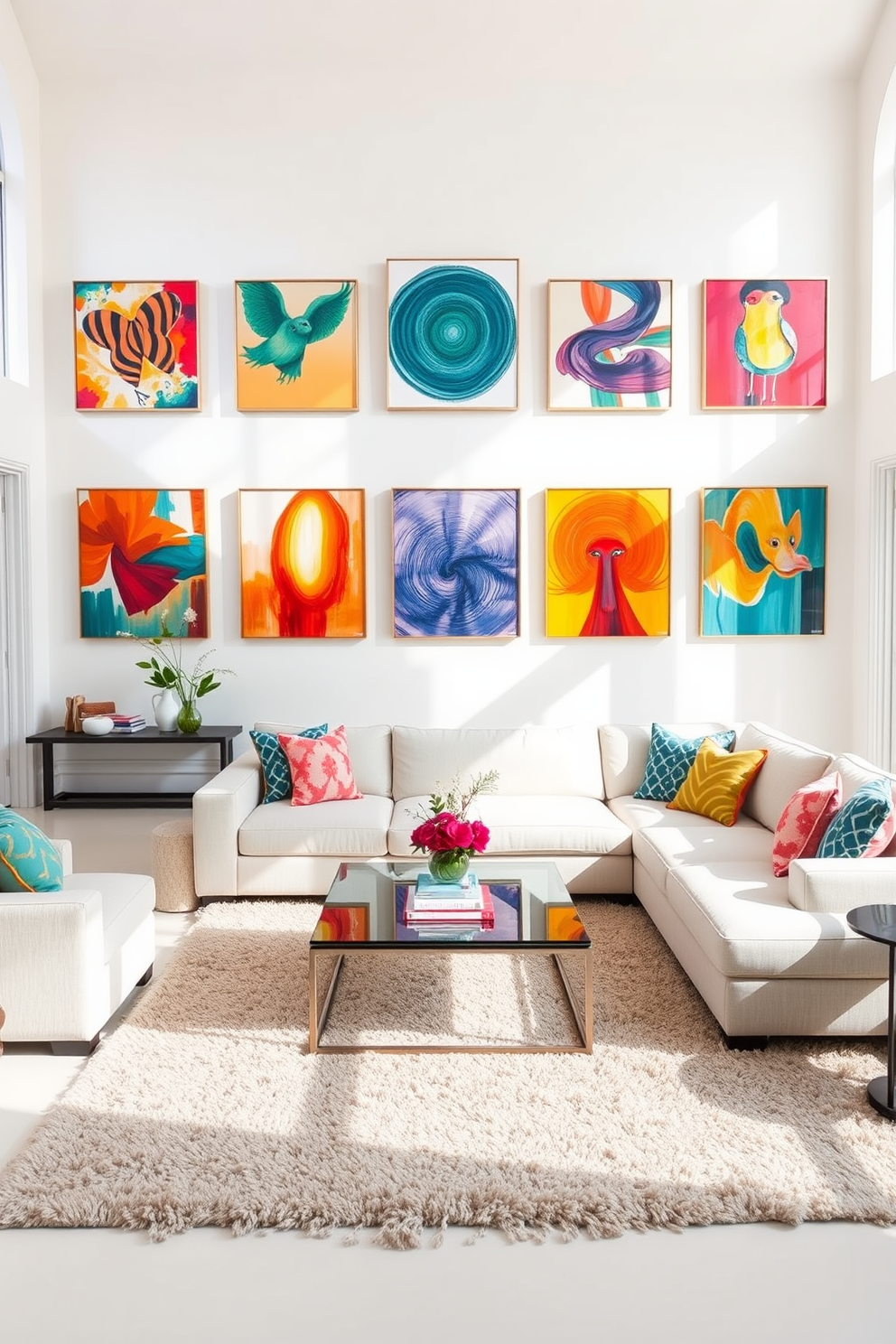 Bright artwork against white walls. The room features a spacious layout with large windows allowing natural light to flood in, enhancing the vibrant colors of the art pieces. The family room is furnished with a comfortable sectional sofa in a light fabric, complemented by colorful throw pillows. A sleek coffee table sits in the center, surrounded by a soft area rug that ties the space together.