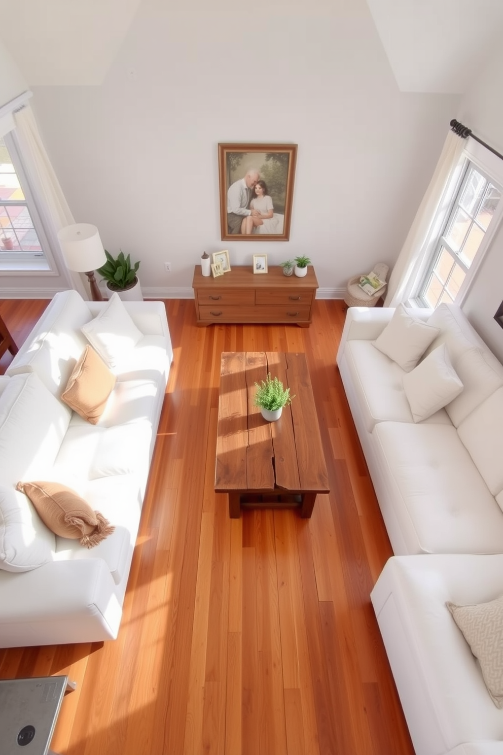 A cozy family room featuring warm wood flooring that complements the bright white furnishings. The space is filled with natural light, creating an inviting atmosphere perfect for family gatherings. Plush white sofas are arranged around a rustic wooden coffee table, enhancing the room's warmth. Soft throw pillows in neutral tones add comfort and style to the seating area.