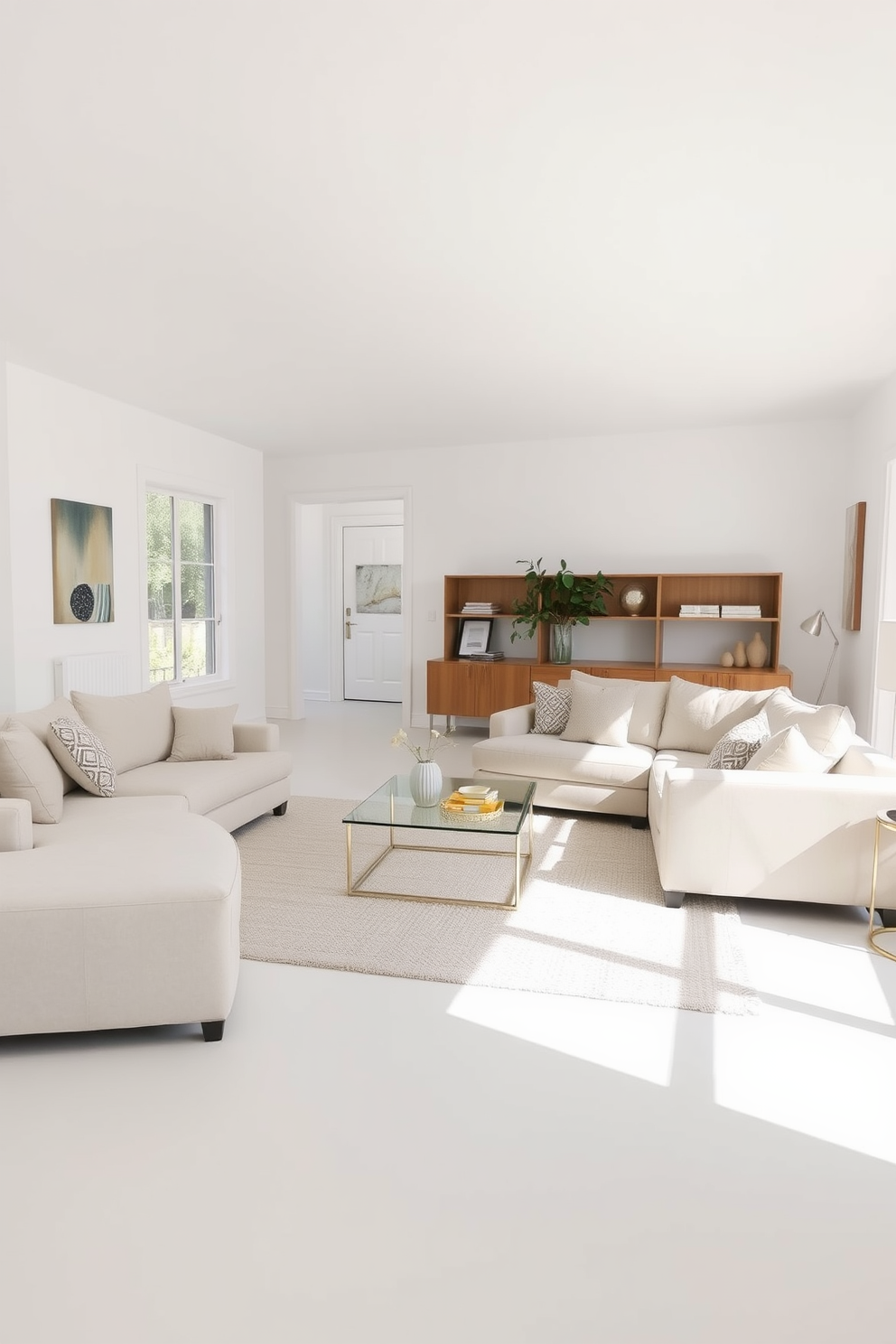 A spacious family room filled with natural light features minimalist furniture with clean lines. A large, comfortable sectional sofa in a neutral color is placed against the wall, complemented by a sleek glass coffee table in the center of the room. The walls are painted in a soft white hue, creating a bright and airy atmosphere. A simple area rug with subtle texture anchors the seating area, while a few carefully chosen decorative pillows add a touch of warmth and comfort.