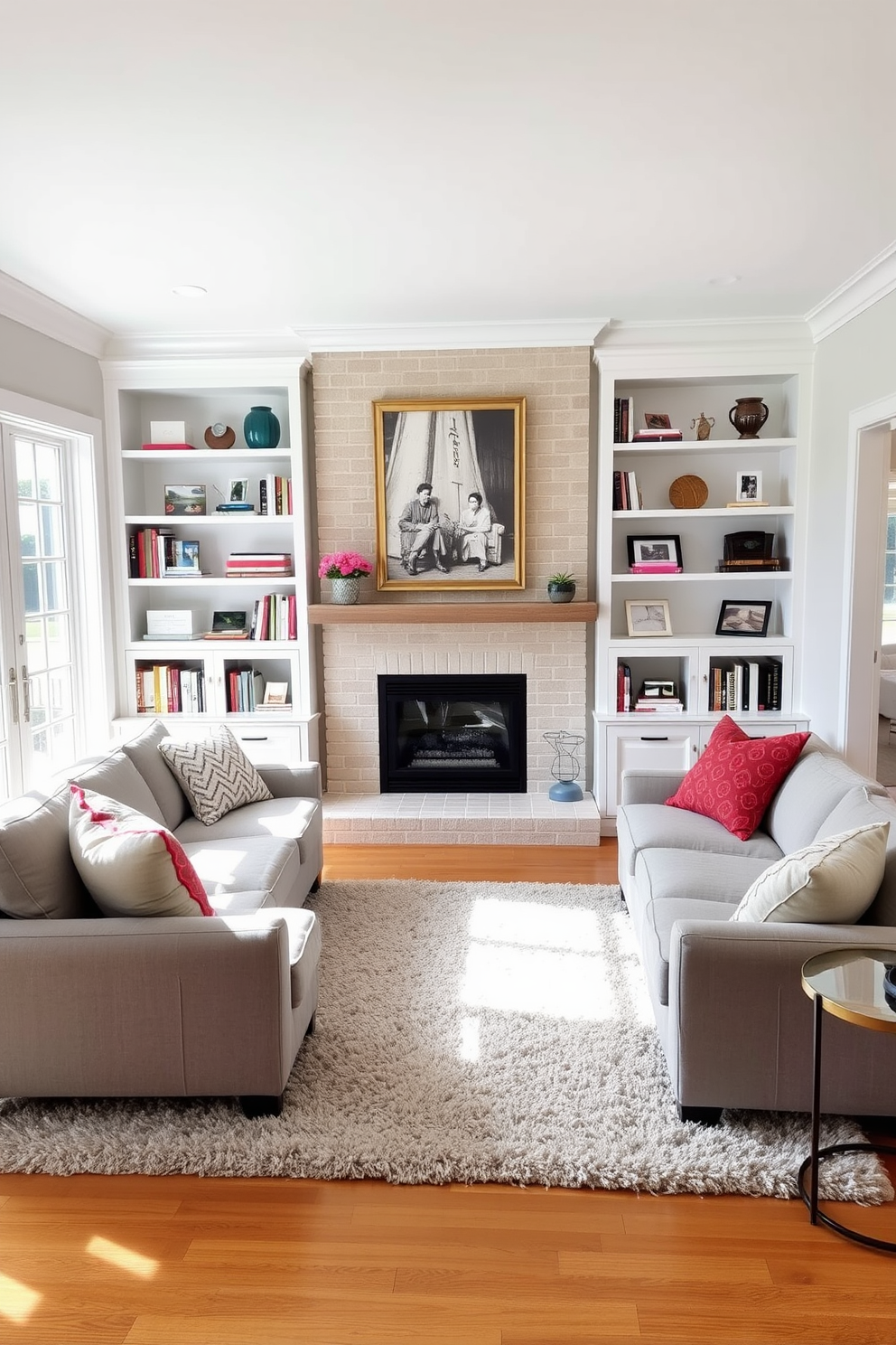 A bright and airy family room features white built-in shelves flanking a cozy fireplace. The shelves are adorned with a curated selection of books, decorative objects, and family photos, creating a personalized touch. The room is anchored by a large sectional sofa in soft gray fabric, complemented by colorful throw pillows. A plush area rug in neutral tones adds warmth to the hardwood floor, while large windows allow natural light to flood the space.