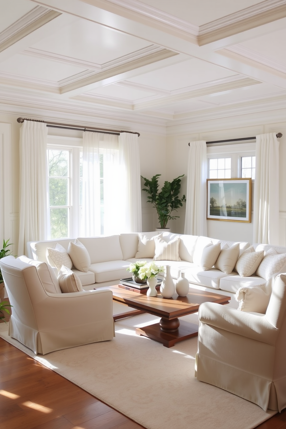 A bright and airy family room featuring a harmonious mix of white and cream tones. The walls are painted in a soft cream shade, while the ceiling boasts white crown molding that adds elegance to the space. A plush white sectional sofa is adorned with cream and beige throw pillows, creating a cozy seating area. A large area rug with subtle patterns lies beneath a wooden coffee table, enhancing the warmth of the room. In one corner, a stylish cream armchair complements the sofa and provides a perfect reading nook. Natural light floods the room through sheer white curtains, illuminating the space and highlighting the soft color palette. Decorative elements include a mix of white and cream vases filled with fresh flowers on the coffee table. The overall ambiance is inviting and serene, perfect for family gatherings and relaxation.