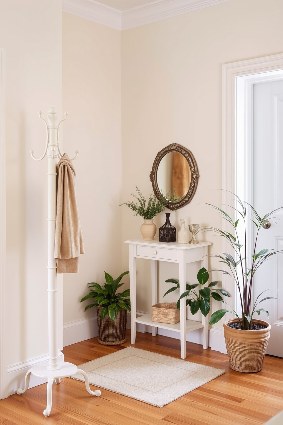 A vintage white coat rack stands elegantly in the foyer space, adding a touch of charm and functionality. The walls are painted in a soft pastel hue, complementing the warm wooden flooring and creating a welcoming atmosphere. A small console table is positioned nearby, adorned with decorative items and a stylish mirror above. Potted plants in the corners bring a fresh and lively element to the design, enhancing the overall aesthetic of the foyer.