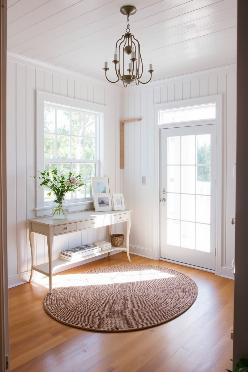 A bright and airy foyer features white beadboard paneling that creates a classic coastal feel. Natural light floods the space through a large window, illuminating a woven rug that adds texture underfoot. A stylish console table is positioned against the wall, adorned with a vase of fresh flowers and a few carefully chosen decorative items. The ceiling is accented with a charming chandelier that enhances the coastal ambiance.