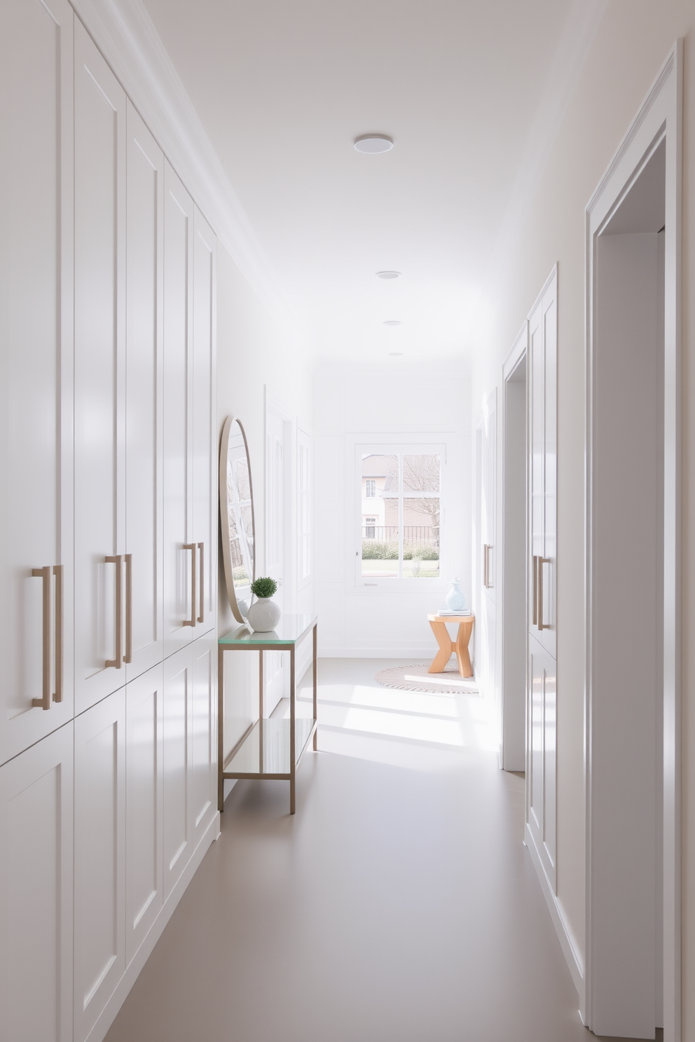 Sleek white cabinetry lines the walls of a spacious foyer, providing ample storage while maintaining a clean and modern aesthetic. The cabinetry features minimalist handles and integrates seamlessly with the bright, airy atmosphere of the space. The foyer is adorned with a stylish console table, topped with decorative elements such as a mirror and a small plant. Natural light floods in through large windows, highlighting the elegant white tones and creating an inviting entrance.