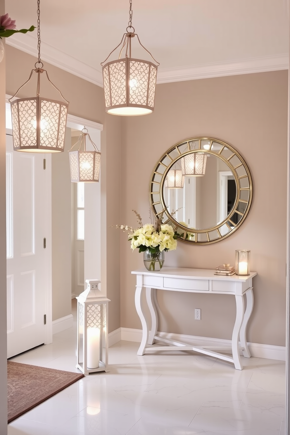 A beautifully designed foyer featuring decorative white lanterns that provide soft ambient lighting. The space is enhanced by a stunning console table adorned with a vase of fresh flowers and a large round mirror that reflects the light from the lanterns.