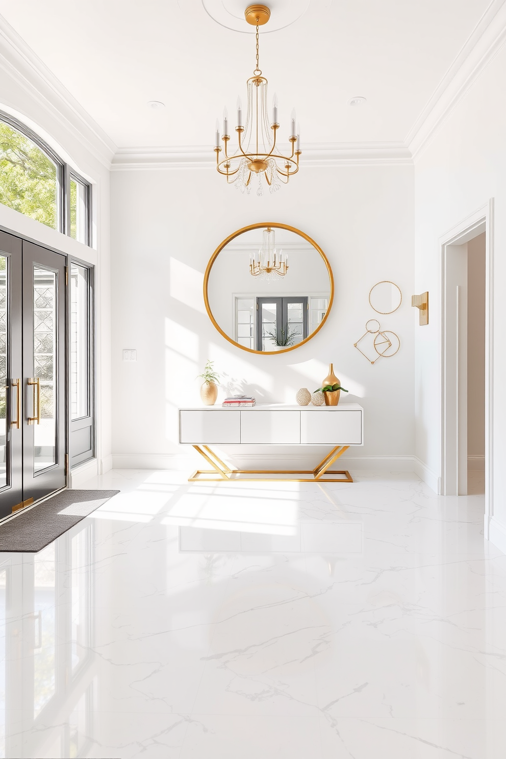 A bright and airy foyer featuring a stunning white marble floor that reflects the natural light pouring in through large windows. Elegant gold accents are incorporated through a statement chandelier and a sleek console table adorned with decorative items. The walls are painted in a soft white hue, creating a serene backdrop for the space. A large round mirror with a gold frame hangs above the console table, enhancing the sense of openness and sophistication.