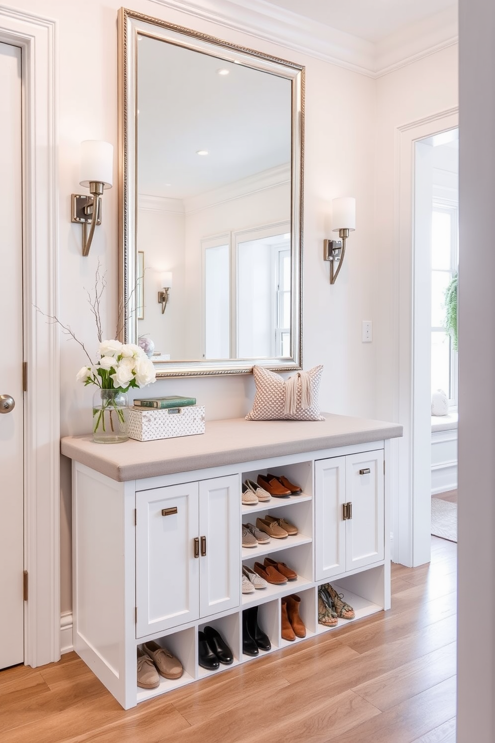 A functional white shoe storage unit is positioned near the entrance, seamlessly blending with the overall decor. The unit features multiple compartments for organized storage, while a stylish bench above provides a convenient seating area for putting on shoes. The foyer is designed with a bright and airy atmosphere, featuring soft white walls and elegant lighting. A large mirror hangs above the shoe storage, enhancing the space and creating a welcoming entryway.