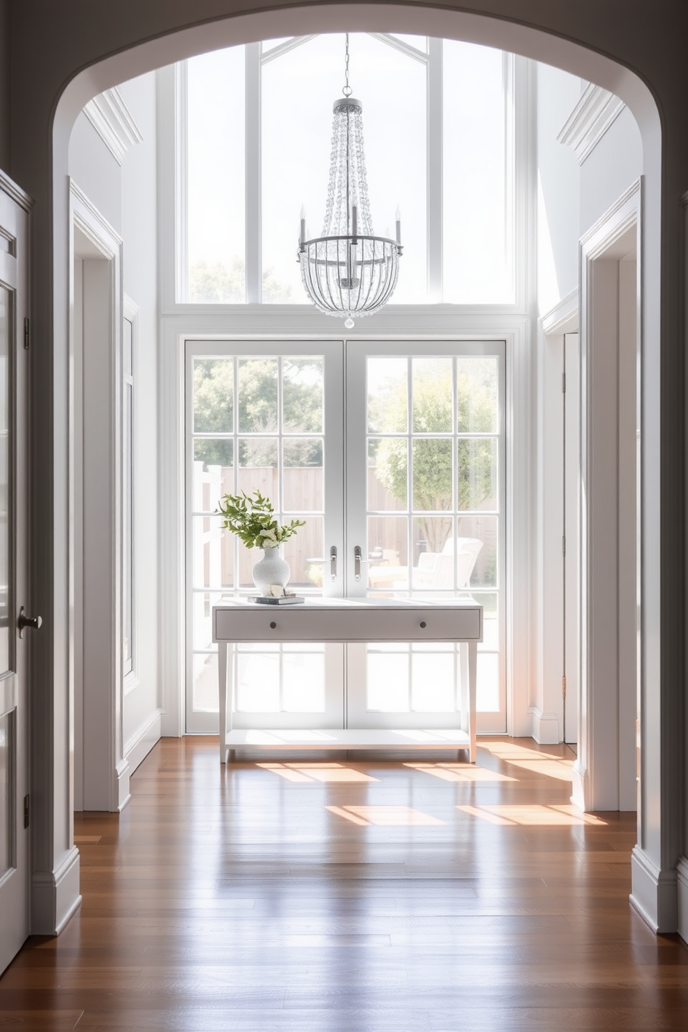 A bright white foyer filled with natural light creates an inviting atmosphere. The space features a sleek white console table adorned with a minimalist vase and fresh greenery. Large windows allow sunlight to flood in, highlighting the elegant white walls and polished hardwood floors. A statement chandelier hangs from the ceiling, adding a touch of sophistication to the airy entryway.