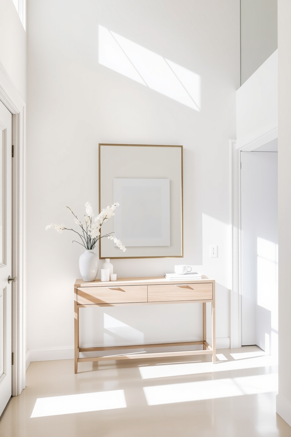 A bright and airy foyer features contemporary white art pieces that serve as striking focal points. The walls are adorned with large white canvases, creating a clean and sophisticated backdrop for the space. The foyer showcases a sleek console table in a light wood finish, topped with minimalistic decor. A large mirror with a simple frame hangs above the table, reflecting the natural light streaming in from a nearby window.