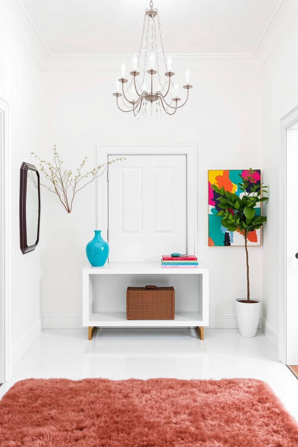 A bright white entryway features a sleek console table adorned with vibrant accessories like a turquoise vase and a colorful abstract painting. The walls are crisp white, creating a fresh backdrop for bold accent pieces that invite warmth and personality into the space. The foyer is illuminated by a stunning chandelier that contrasts beautifully with the white walls. A plush area rug in a rich hue adds texture and comfort, enhancing the overall aesthetic of the entryway.