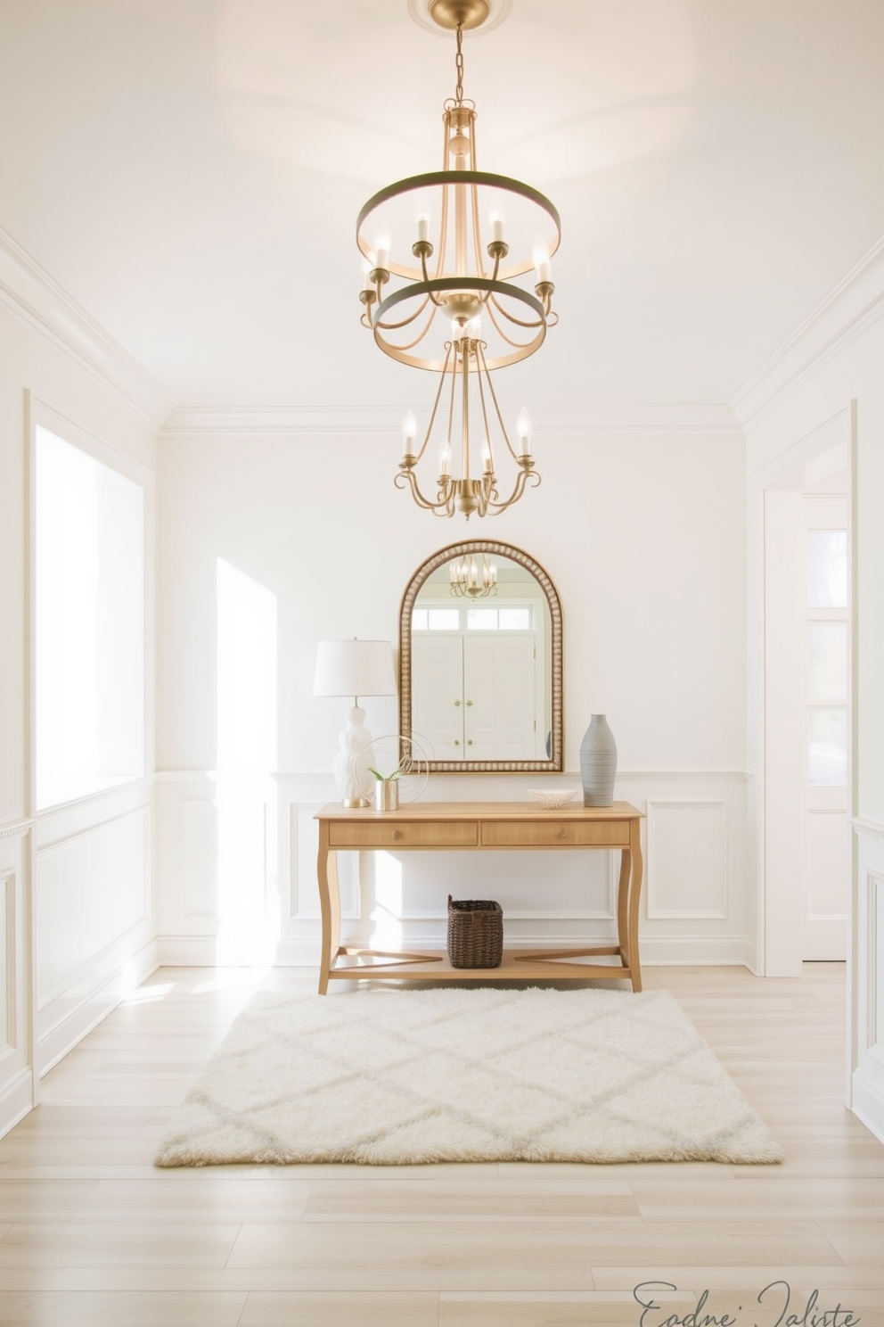 Inviting white foyer with soft lighting. The space features a large, elegant chandelier that casts a warm glow across the room. The walls are adorned with subtle wainscoting, enhancing the bright and airy feel. A plush area rug lies beneath a stylish console table, which is topped with decorative accents and a mirror.