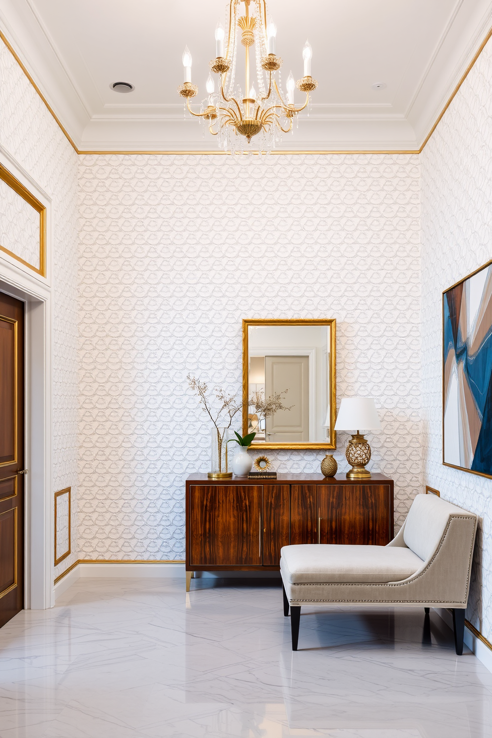 Textured white wallpaper with gold trim adorns the walls of a grand foyer. The space features a marble floor with a subtle geometric pattern, complemented by an elegant chandelier hanging from the ceiling. A sleek console table in a rich wood finish sits against the wall, topped with decorative items and a large mirror with a gold frame. To the side, a plush bench upholstered in a soft fabric invites guests to sit, while a statement piece of artwork adds a pop of color to the ambiance.