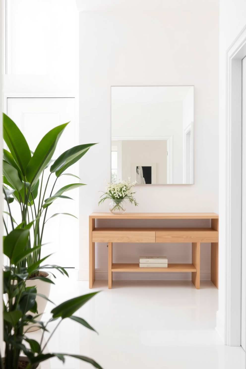 A minimalist white entryway features clean lines and a spacious layout. Potted greenery accents the space, providing a refreshing contrast against the bright white walls and floor. The focal point is a sleek console table made of light wood, adorned with a simple vase of fresh flowers. A large mirror hangs above the table, reflecting natural light and enhancing the airy feel of the foyer.