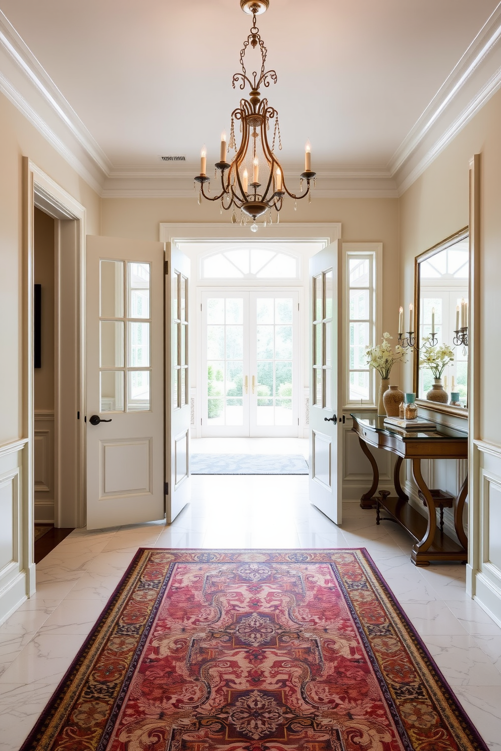 Classic white French doors with sidelights open into a bright and airy foyer. The space is adorned with elegant wainscoting and a stunning chandelier that casts a warm glow. The foyer features a marble floor with intricate patterns and a large area rug that adds warmth. A console table against the wall holds decorative items and a large mirror that enhances the room's spacious feel.