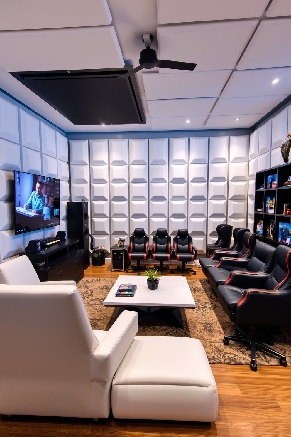 A modern game room featuring white acoustic panels for soundproofing. The room is designed with a sleek gaming setup, including a large flat-screen TV mounted on the wall and a comfortable sectional sofa arranged for optimal viewing. The walls are adorned with white acoustic panels that enhance both aesthetics and sound quality. A stylish coffee table sits in the center, surrounded by gaming chairs and shelves filled with games and collectibles.