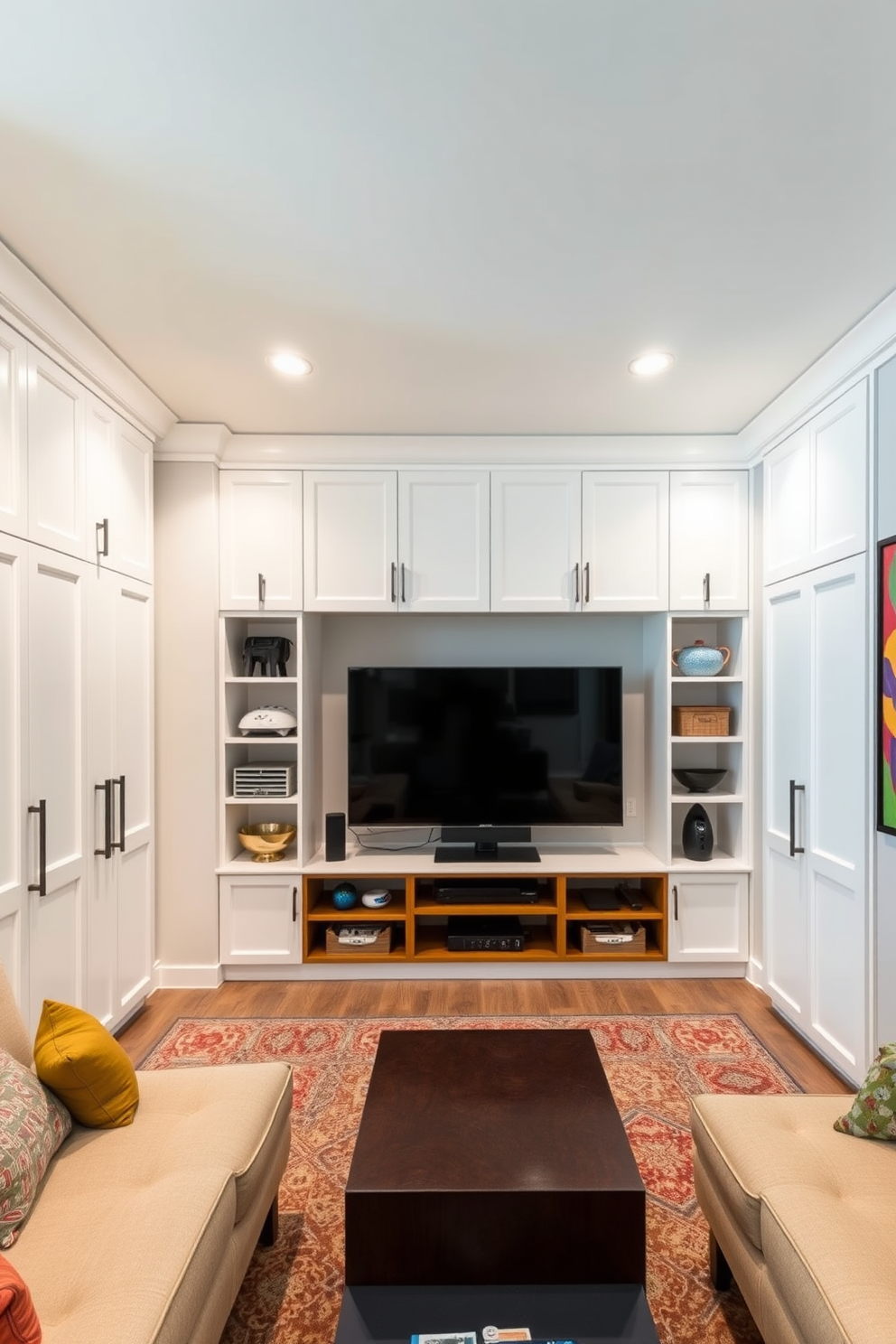 A modern game room featuring stylish white cabinets for storage. The cabinets are sleek and minimalist, providing ample space for games and equipment while maintaining a clean aesthetic. The room is designed with comfortable seating arrangements and a large entertainment center. Soft lighting and vibrant wall art create an inviting atmosphere for relaxation and fun.