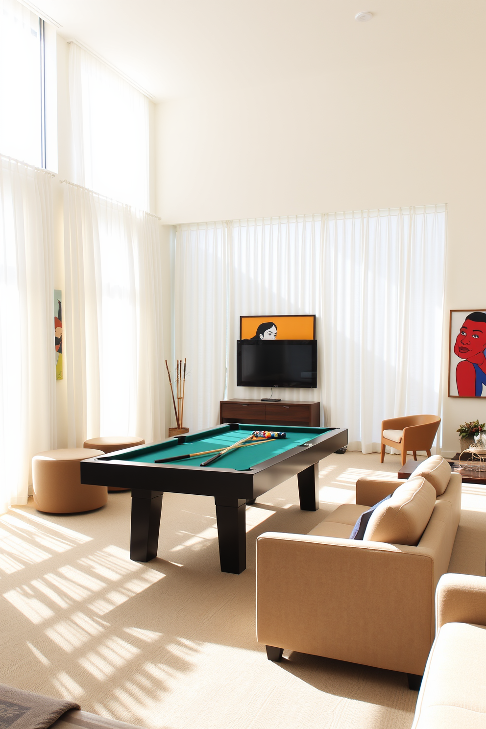 A bright game room filled with natural light. The space features white curtains that softly diffuse sunlight, creating a warm and inviting atmosphere. The room includes a sleek pool table in the center, surrounded by comfortable seating options. Bold artwork adorns the walls, adding a pop of color and personality to the space.