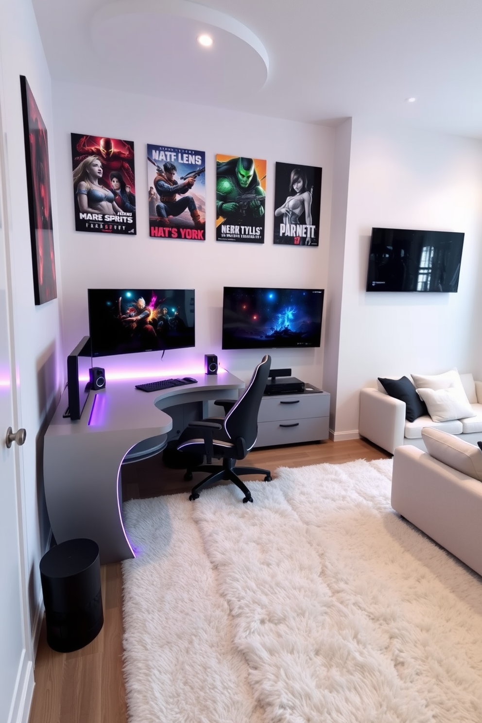 Compact corner gaming nook design. This space features a sleek, L-shaped desk with integrated LED lighting and a comfortable gaming chair, positioned against a wall adorned with colorful gaming posters. White game room design ideas. The room is filled with soft white walls and a plush white rug, complemented by a large sectional sofa and a mounted flat-screen TV for an immersive gaming experience.