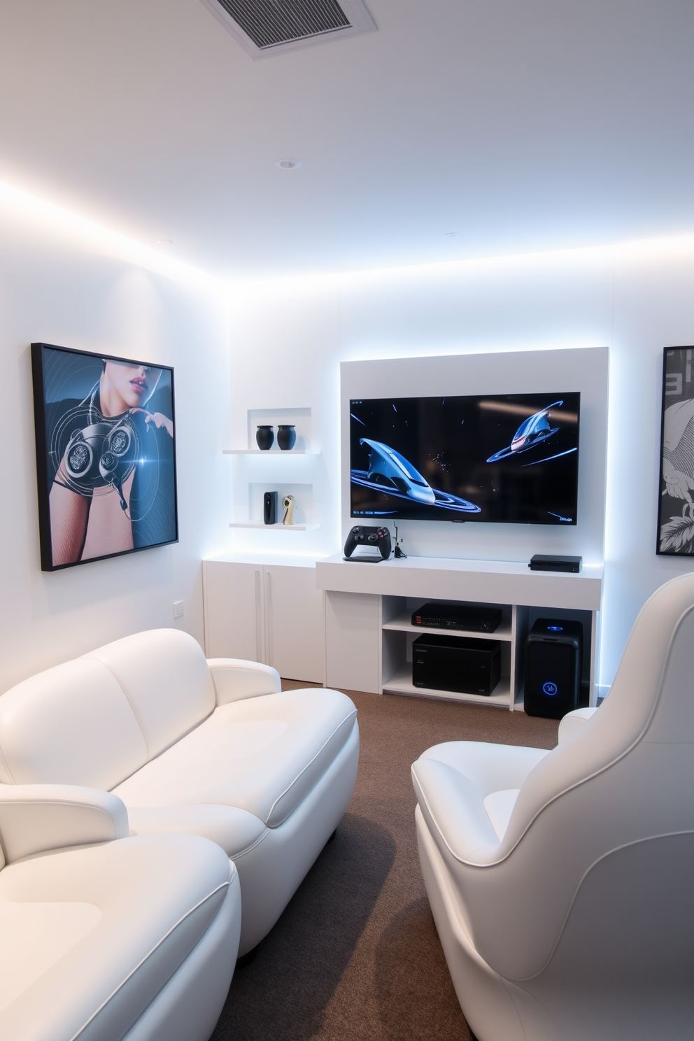 A high-tech gaming console station is the centerpiece of a sleek white game room. The walls are adorned with modern artwork, and LED strip lighting creates an immersive atmosphere. The gaming console is mounted on a minimalist white shelf, complemented by a large flat-screen TV. Plush white seating with ergonomic design invites comfort during long gaming sessions.