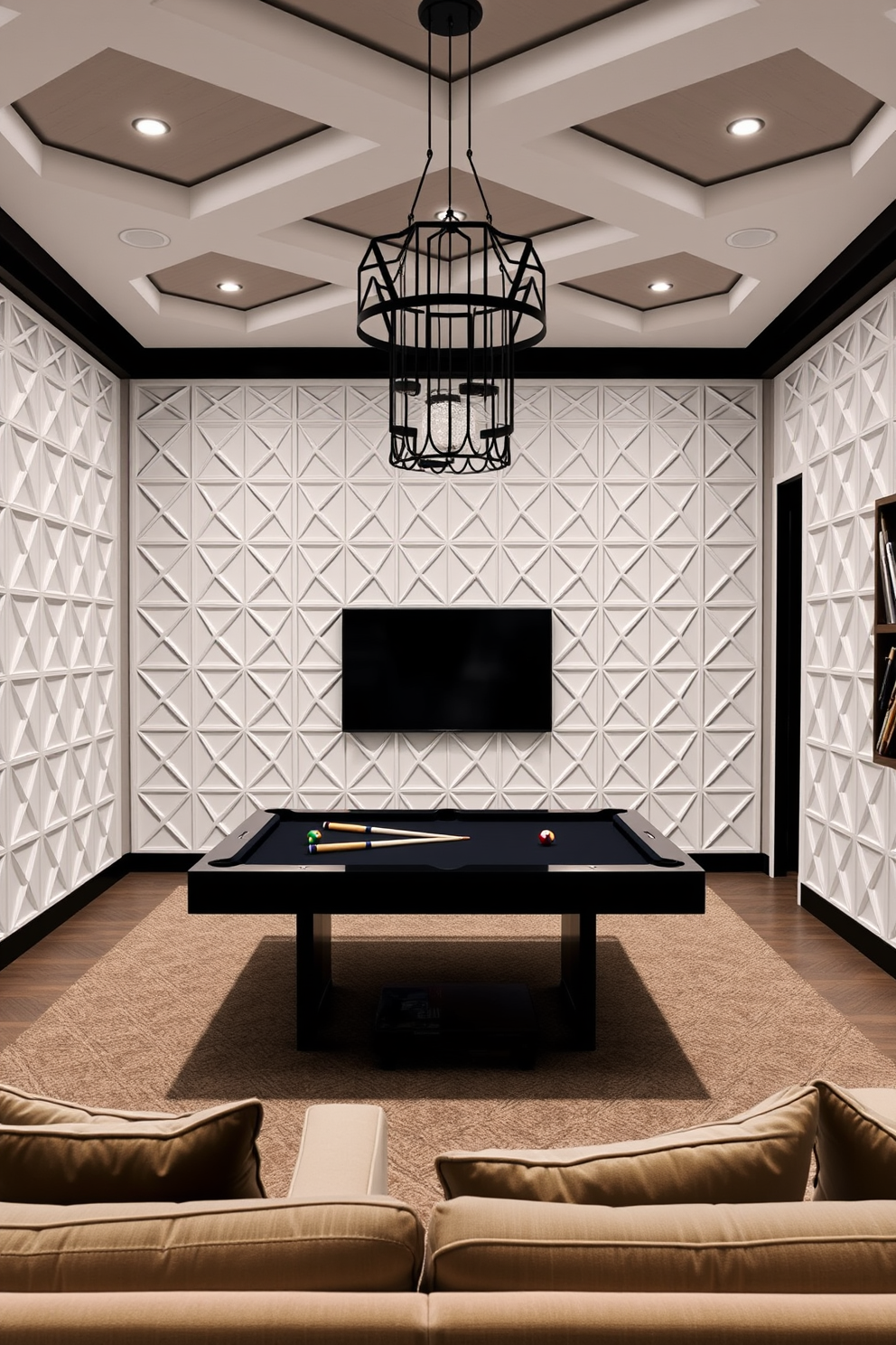 A stylish game room featuring white geometric patterns on the walls creates a modern and inviting atmosphere. The room includes a sleek pool table at the center, surrounded by comfortable seating in neutral tones to encourage relaxation and socializing.